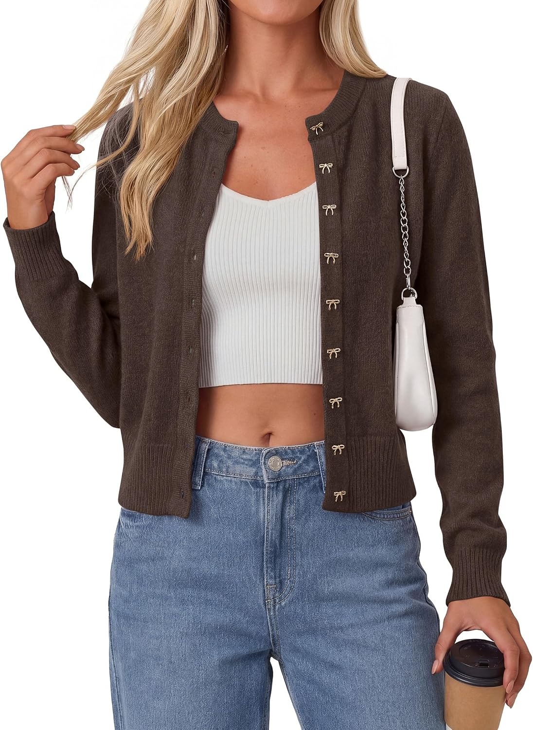 image:imagePRETTYGARDEN Womens Cropped Button Up Knit Cardigan Sweater Cute Crewneck Long Sleeve Lightweight Tops 2026 Fall Trendy Slim Fit Soft Cozy Casual Cardigans Holiday Party SweatersBrown