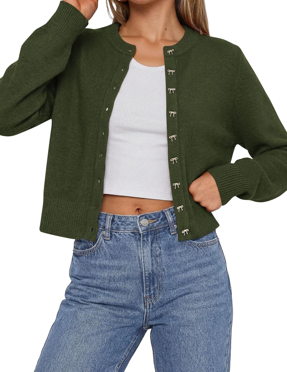 image:imagePRETTYGARDEN Womens Cropped Button Up Knit Cardigan Sweater Cute Crewneck Long Sleeve Lightweight Tops 2026 Fall Trendy Slim Fit Soft Cozy Casual Cardigans Holiday Party SweatersArmy Green
