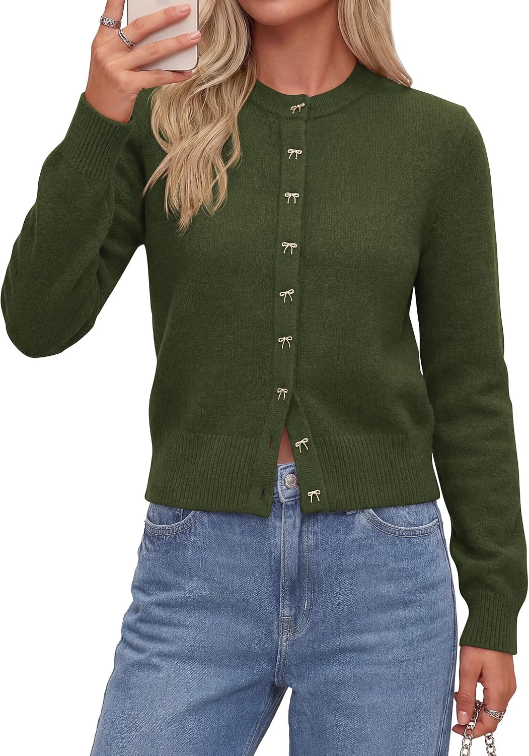 image:imagePRETTYGARDEN Womens Cropped Button Up Knit Cardigan Sweater Cute Crewneck Long Sleeve Lightweight Tops 2026 Fall Trendy Slim Fit Soft Cozy Casual Cardigans Holiday Party SweatersArmy Green