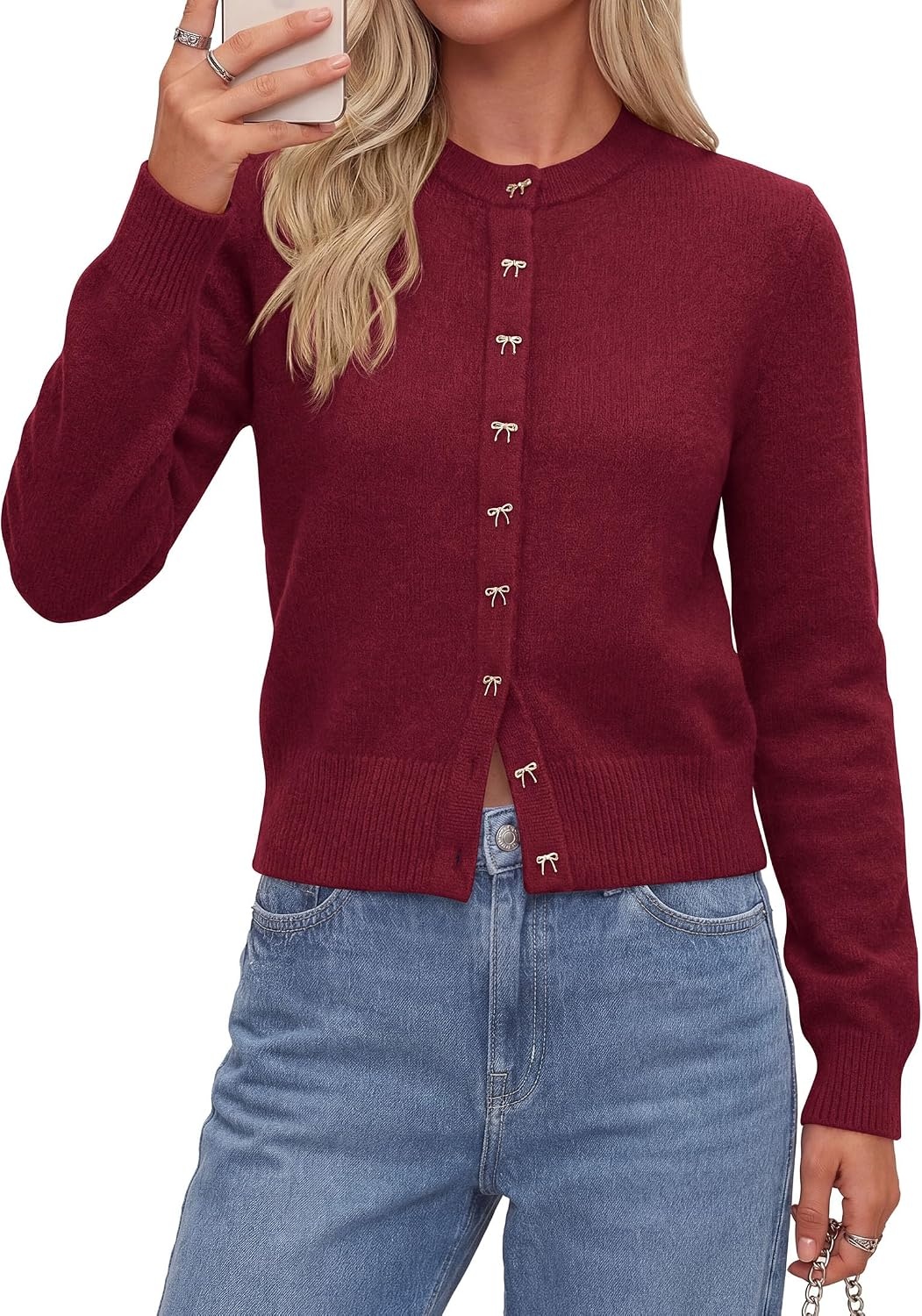 image:imagePRETTYGARDEN Womens Cropped Button Up Knit Cardigan Sweater Cute Crewneck Long Sleeve Lightweight Tops 2026 Fall Trendy Slim Fit Soft Cozy Casual Cardigans Holiday Party SweatersBurgundy