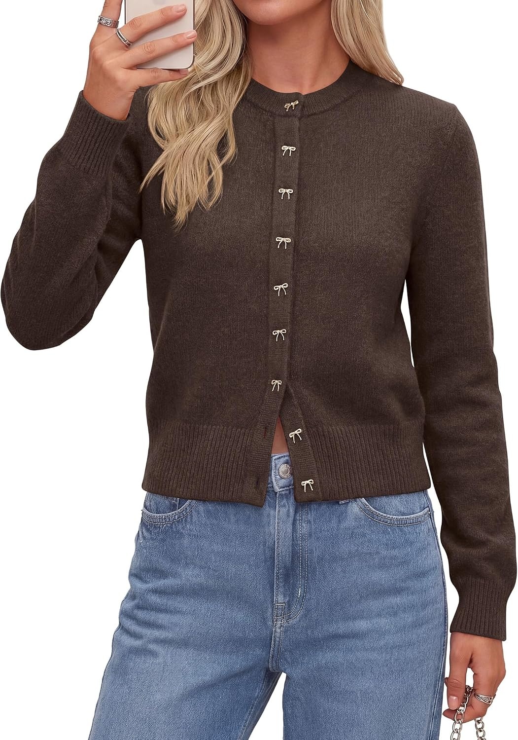 image:imagePRETTYGARDEN Womens Cropped Button Up Knit Cardigan Sweater Cute Crewneck Long Sleeve Lightweight Tops 2026 Fall Trendy Slim Fit Soft Cozy Casual Cardigans Holiday Party SweatersBrown
