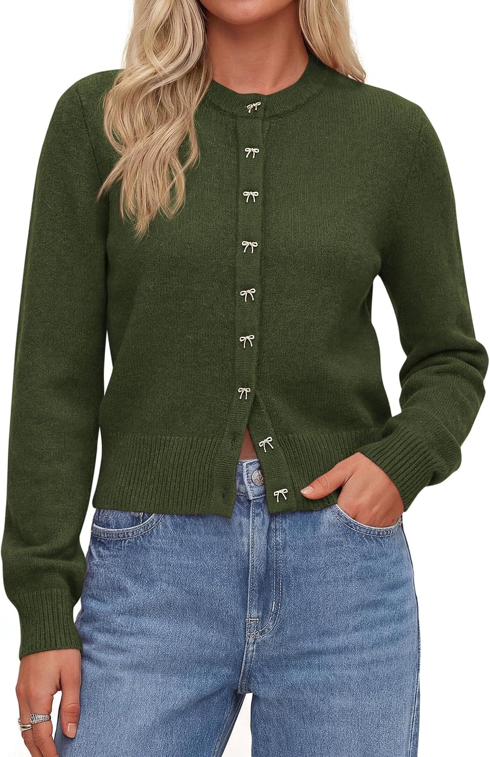 image:imagePRETTYGARDEN Womens Cropped Button Up Knit Cardigan Sweater Cute Crewneck Long Sleeve Lightweight Tops 2026 Fall Trendy Slim Fit Soft Cozy Casual Cardigans Holiday Party SweatersArmy Green
