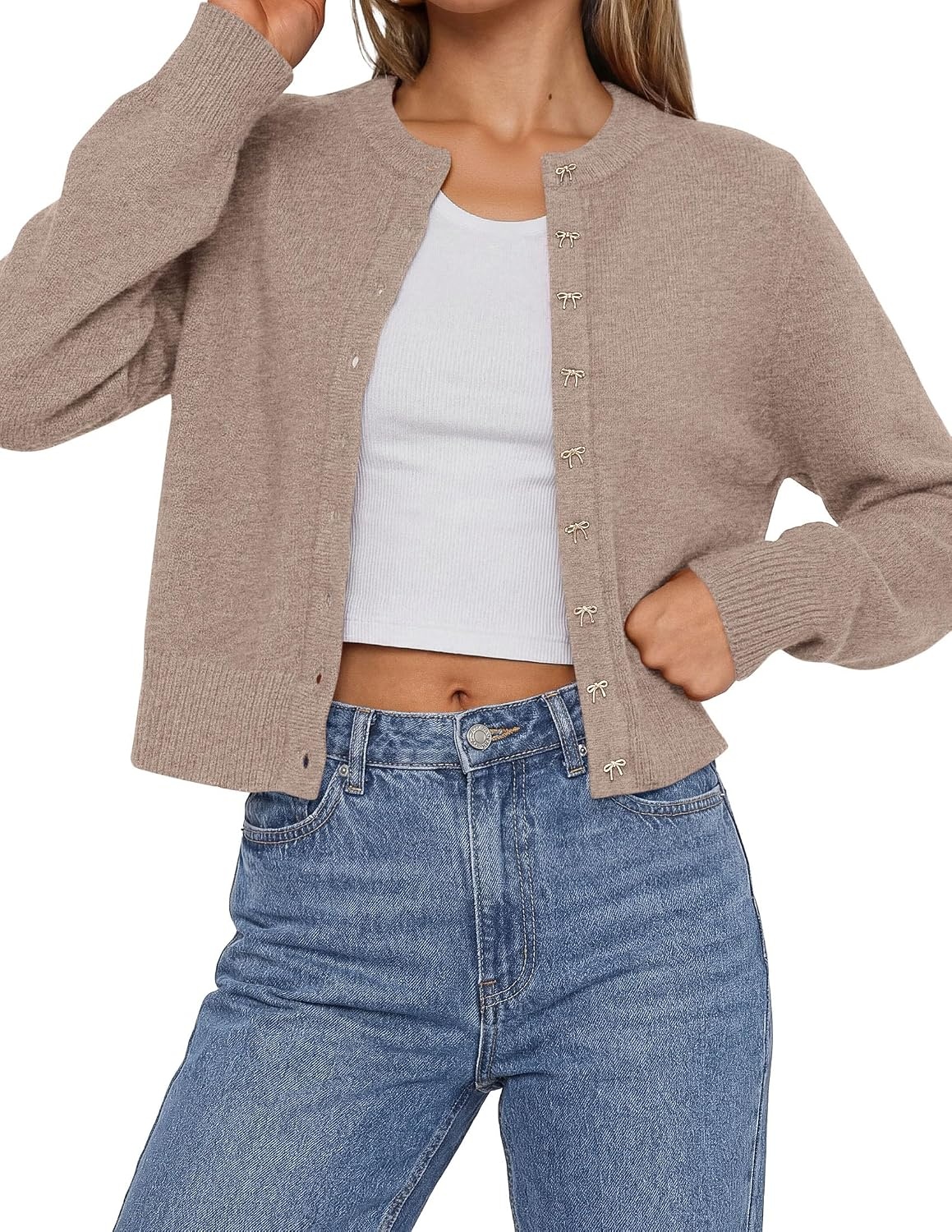image:imagePRETTYGARDEN Womens Cropped Button Up Knit Cardigan Sweater Cute Crewneck Long Sleeve Lightweight Tops 2026 Fall Trendy Slim Fit Soft Cozy Casual Cardigans Holiday Party SweatersKhaki
