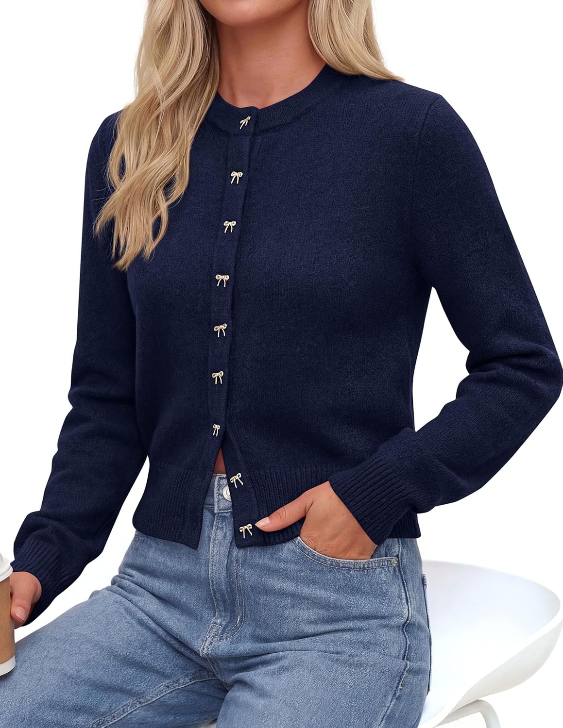 image:imagePRETTYGARDEN Womens Cropped Button Up Knit Cardigan Sweater Cute Crewneck Long Sleeve Lightweight Tops 2026 Fall Trendy Slim Fit Soft Cozy Casual Cardigans Holiday Party SweatersNavy Blue