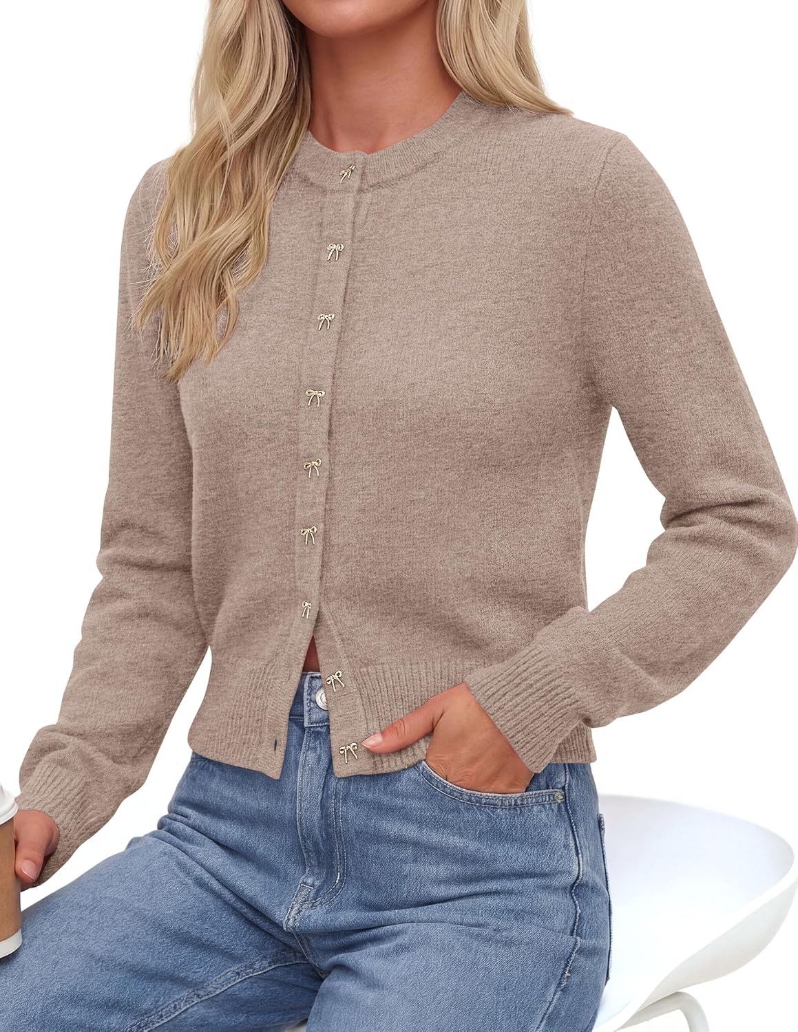 image:imagePRETTYGARDEN Womens Cropped Button Up Knit Cardigan Sweater Cute Crewneck Long Sleeve Lightweight Tops 2026 Fall Trendy Slim Fit Soft Cozy Casual Cardigans Holiday Party SweatersKhaki