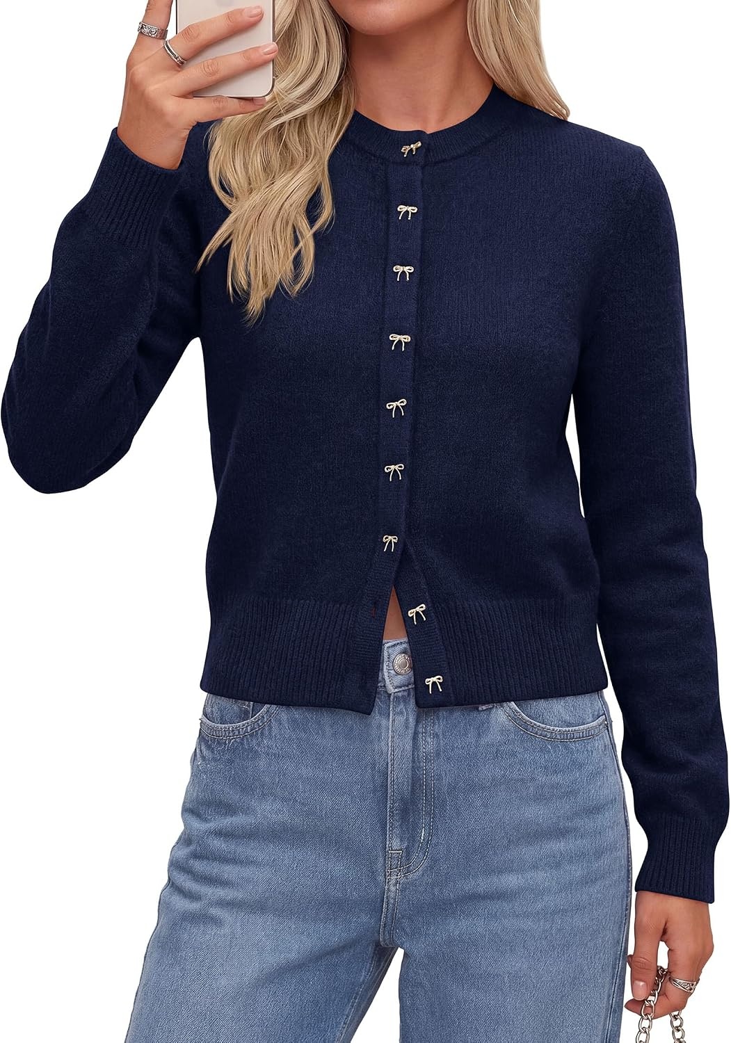 image:imagePRETTYGARDEN Womens Cropped Button Up Knit Cardigan Sweater Cute Crewneck Long Sleeve Lightweight Tops 2026 Fall Trendy Slim Fit Soft Cozy Casual Cardigans Holiday Party SweatersNavy Blue