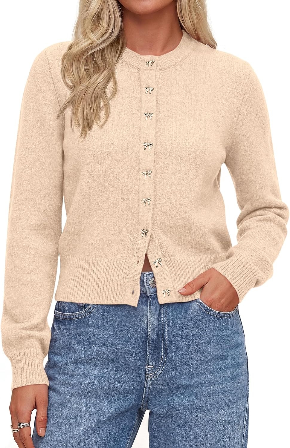 image:imagePRETTYGARDEN Womens Cropped Button Up Knit Cardigan Sweater Cute Crewneck Long Sleeve Lightweight Tops 2026 Fall Trendy Slim Fit Soft Cozy Casual Cardigans Holiday Party SweatersBeige