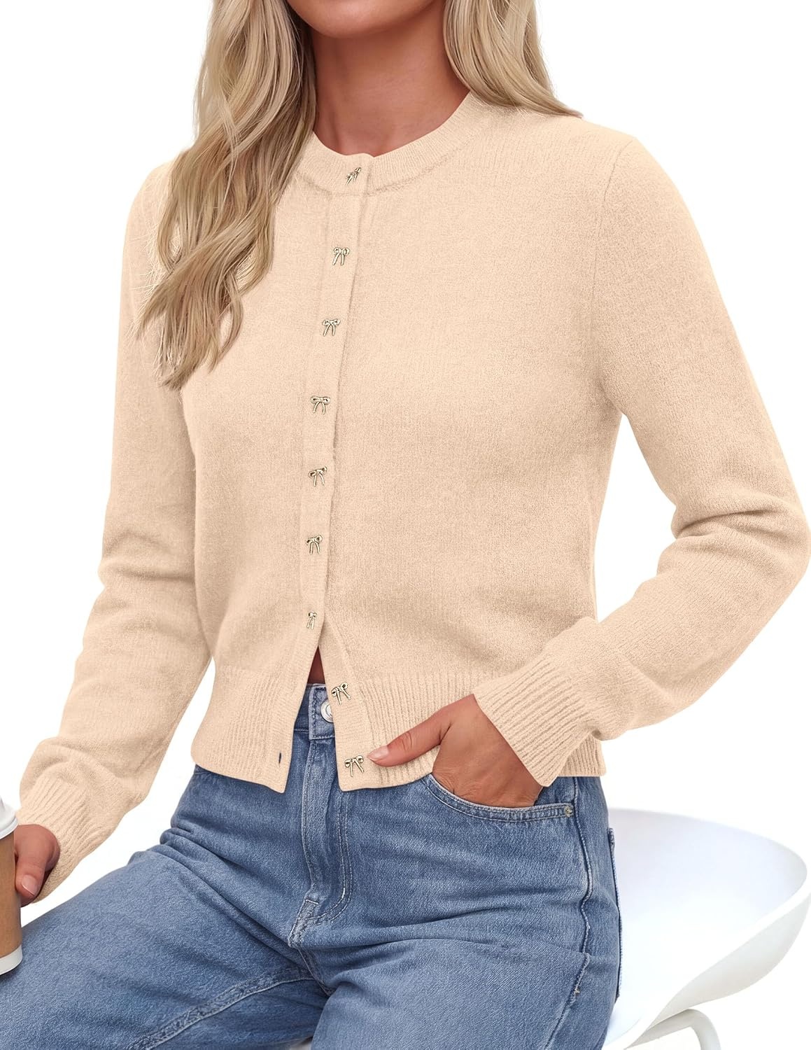 image:imagePRETTYGARDEN Womens Cropped Button Up Knit Cardigan Sweater Cute Crewneck Long Sleeve Lightweight Tops 2026 Fall Trendy Slim Fit Soft Cozy Casual Cardigans Holiday Party SweatersBeige