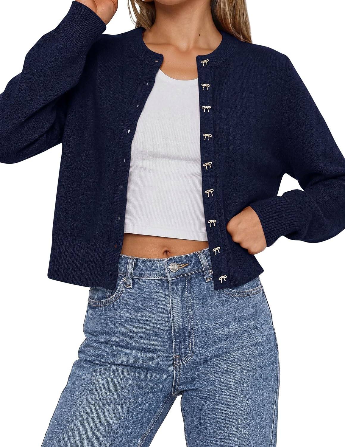 image:imagePRETTYGARDEN Womens Cropped Button Up Knit Cardigan Sweater Cute Crewneck Long Sleeve Lightweight Tops 2026 Fall Trendy Slim Fit Soft Cozy Casual Cardigans Holiday Party SweatersNavy Blue