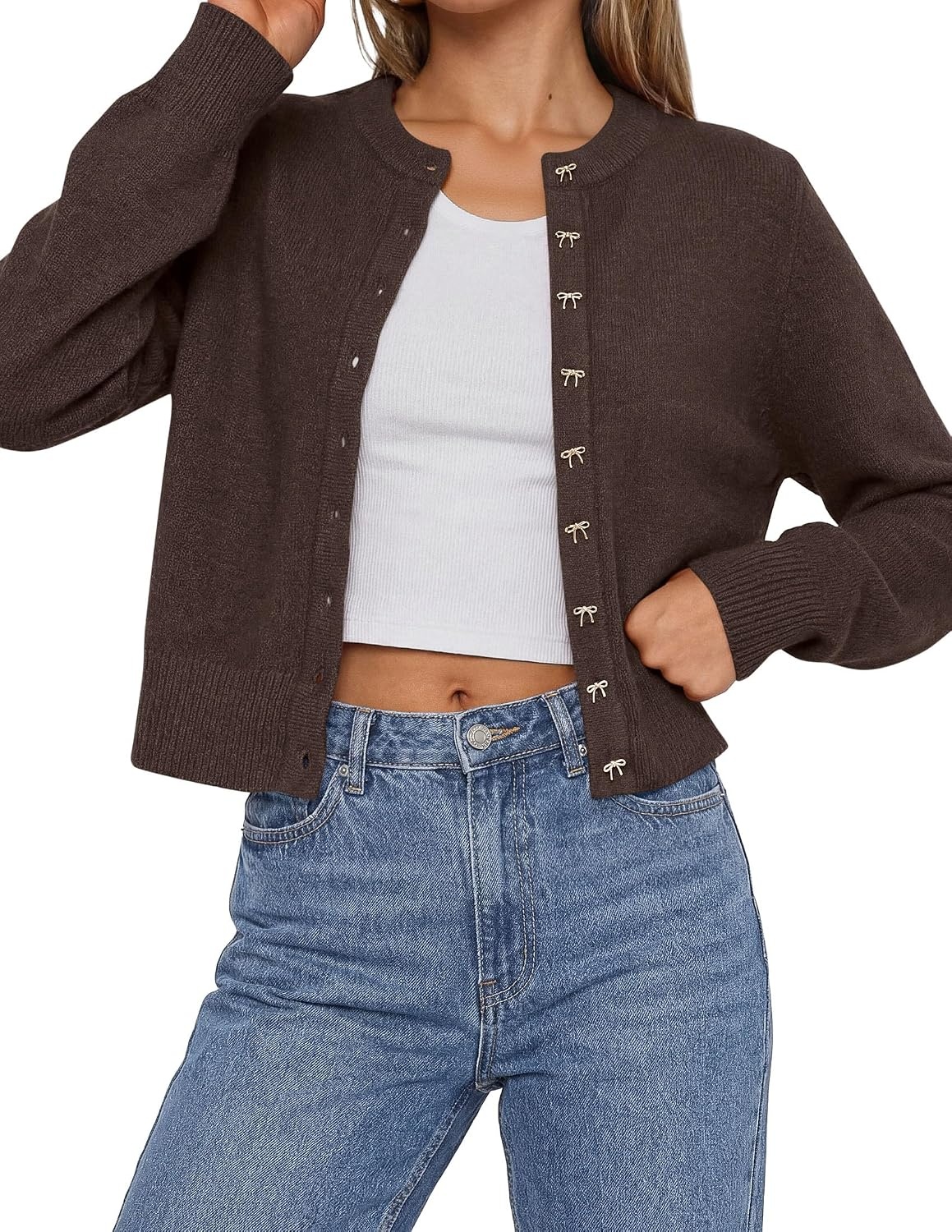 image:imagePRETTYGARDEN Womens Cropped Button Up Knit Cardigan Sweater Cute Crewneck Long Sleeve Lightweight Tops 2026 Fall Trendy Slim Fit Soft Cozy Casual Cardigans Holiday Party SweatersBrown