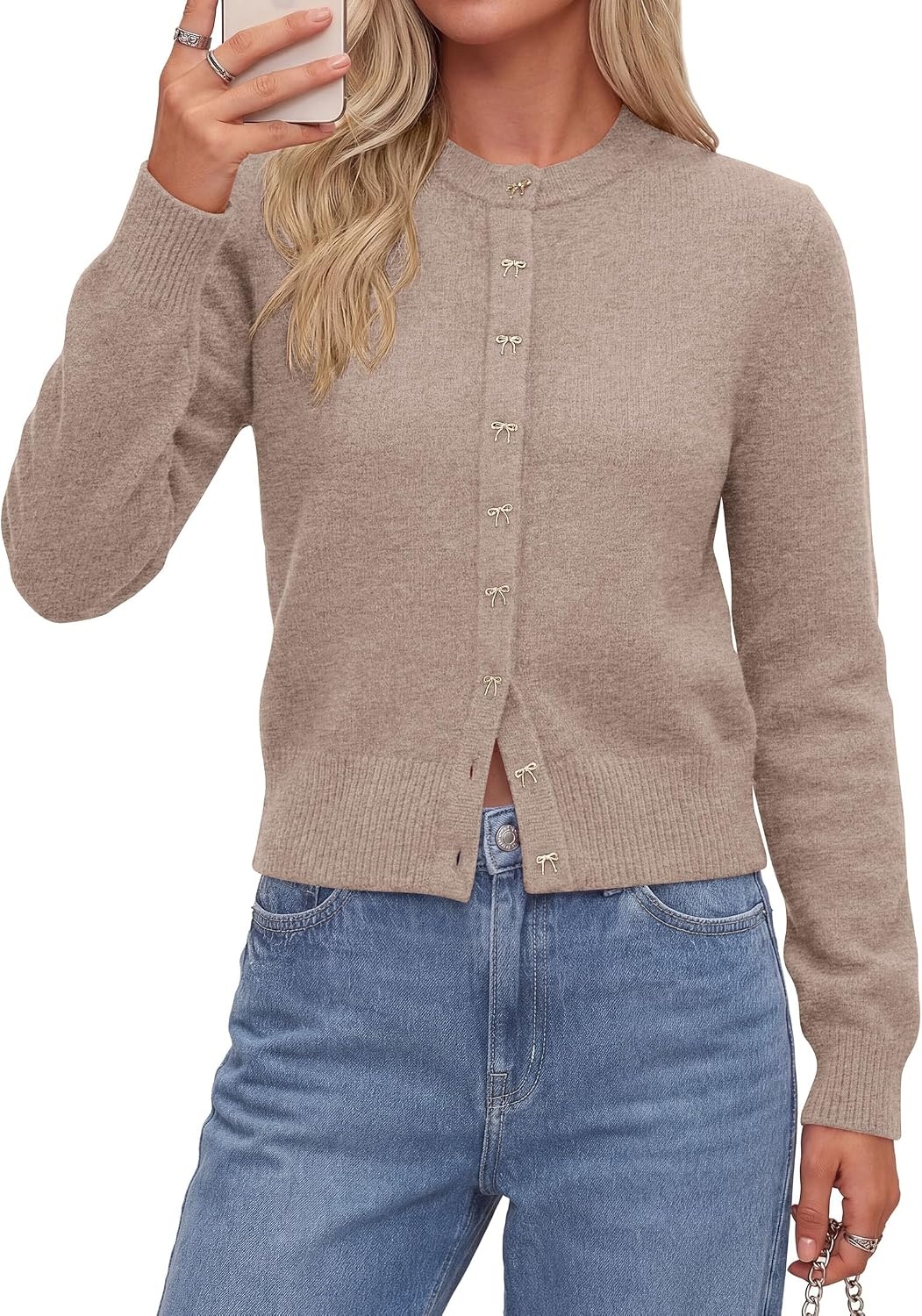 image:imagePRETTYGARDEN Womens Cropped Button Up Knit Cardigan Sweater Cute Crewneck Long Sleeve Lightweight Tops 2026 Fall Trendy Slim Fit Soft Cozy Casual Cardigans Holiday Party SweatersKhaki