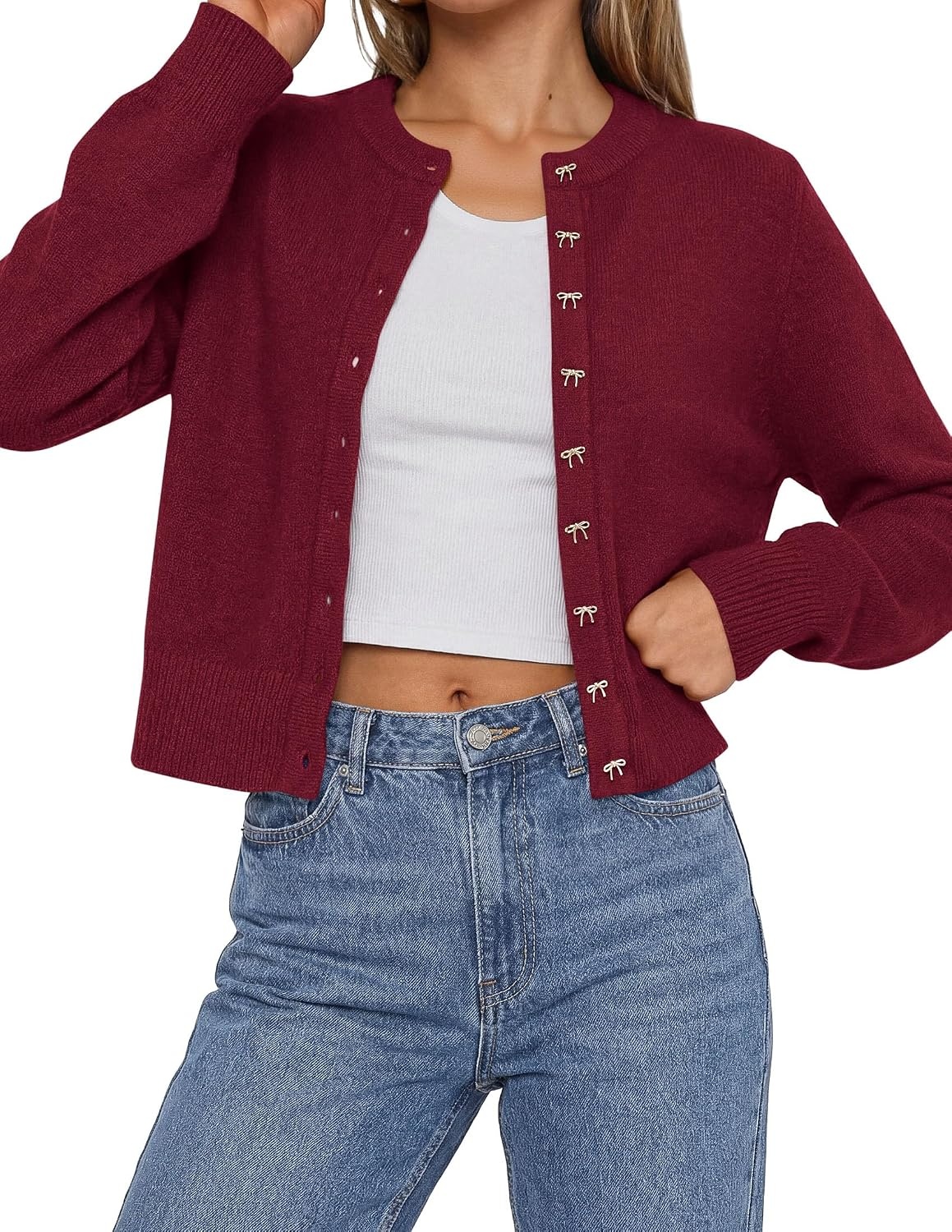 image:imagePRETTYGARDEN Womens Cropped Button Up Knit Cardigan Sweater Cute Crewneck Long Sleeve Lightweight Tops 2026 Fall Trendy Slim Fit Soft Cozy Casual Cardigans Holiday Party SweatersBurgundy