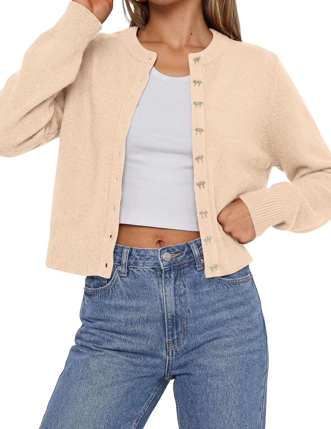 image:imagePRETTYGARDEN Womens Cropped Button Up Knit Cardigan Sweater Cute Crewneck Long Sleeve Lightweight Tops 2026 Fall Trendy Slim Fit Soft Cozy Casual Cardigans Holiday Party SweatersBeige