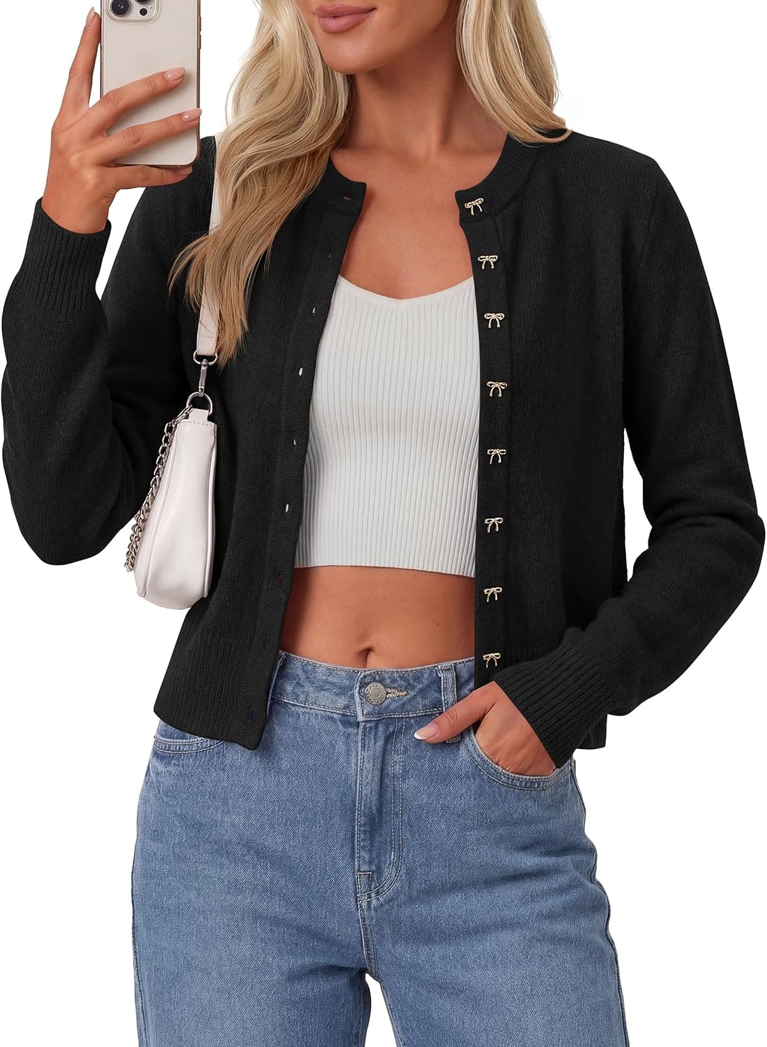 image:imagePRETTYGARDEN Womens Cropped Button Up Knit Cardigan Sweater Cute Crewneck Long Sleeve Lightweight Tops 2026 Fall Trendy Slim Fit Soft Cozy Casual Cardigans Holiday Party SweatersBlack