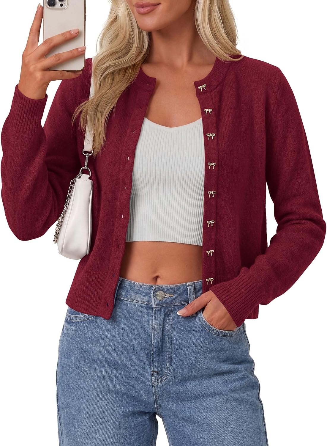 image:imagePRETTYGARDEN Womens Cropped Button Up Knit Cardigan Sweater Cute Crewneck Long Sleeve Lightweight Tops 2026 Fall Trendy Slim Fit Soft Cozy Casual Cardigans Holiday Party SweatersBurgundy