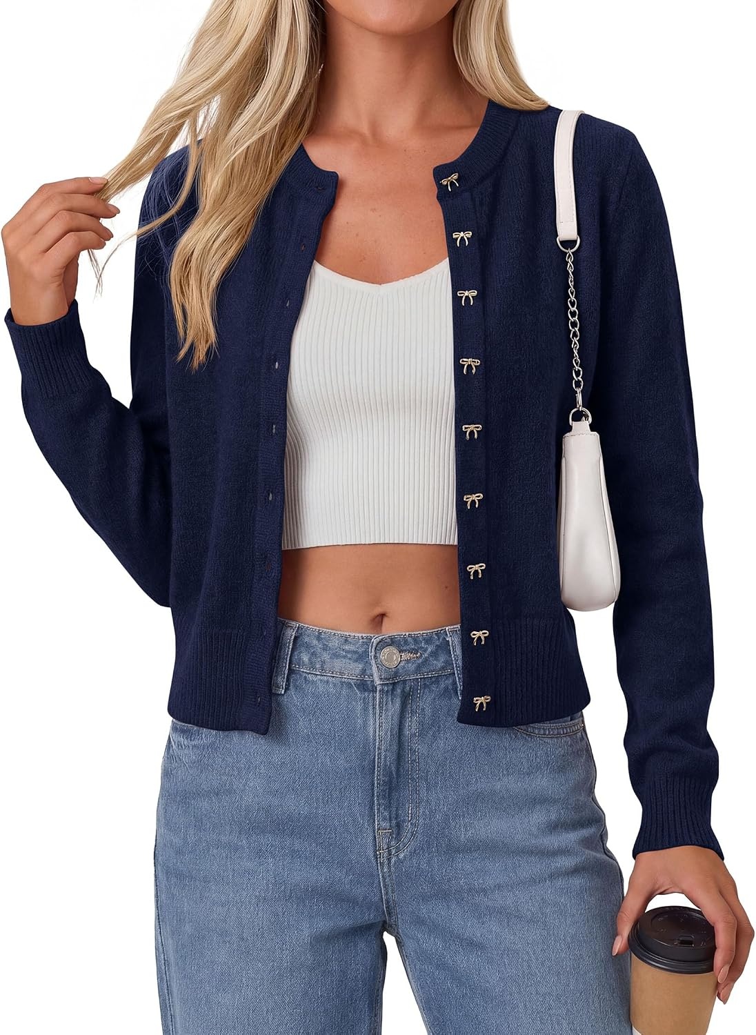 image:imagePRETTYGARDEN Womens Cropped Button Up Knit Cardigan Sweater Cute Crewneck Long Sleeve Lightweight Tops 2026 Fall Trendy Slim Fit Soft Cozy Casual Cardigans Holiday Party SweatersNavy Blue