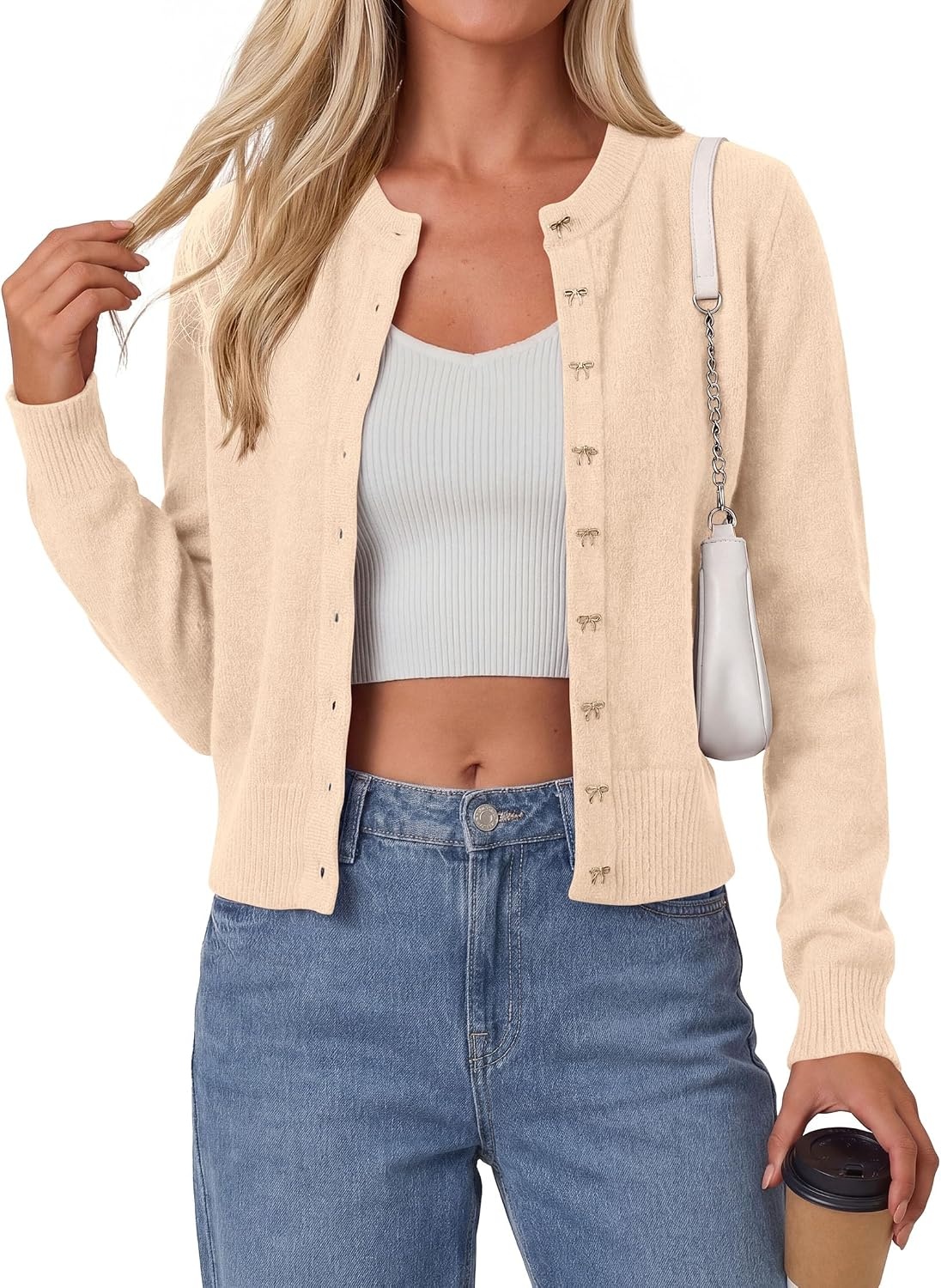 image:imagePRETTYGARDEN Womens Cropped Button Up Knit Cardigan Sweater Cute Crewneck Long Sleeve Lightweight Tops 2026 Fall Trendy Slim Fit Soft Cozy Casual Cardigans Holiday Party SweatersBeige