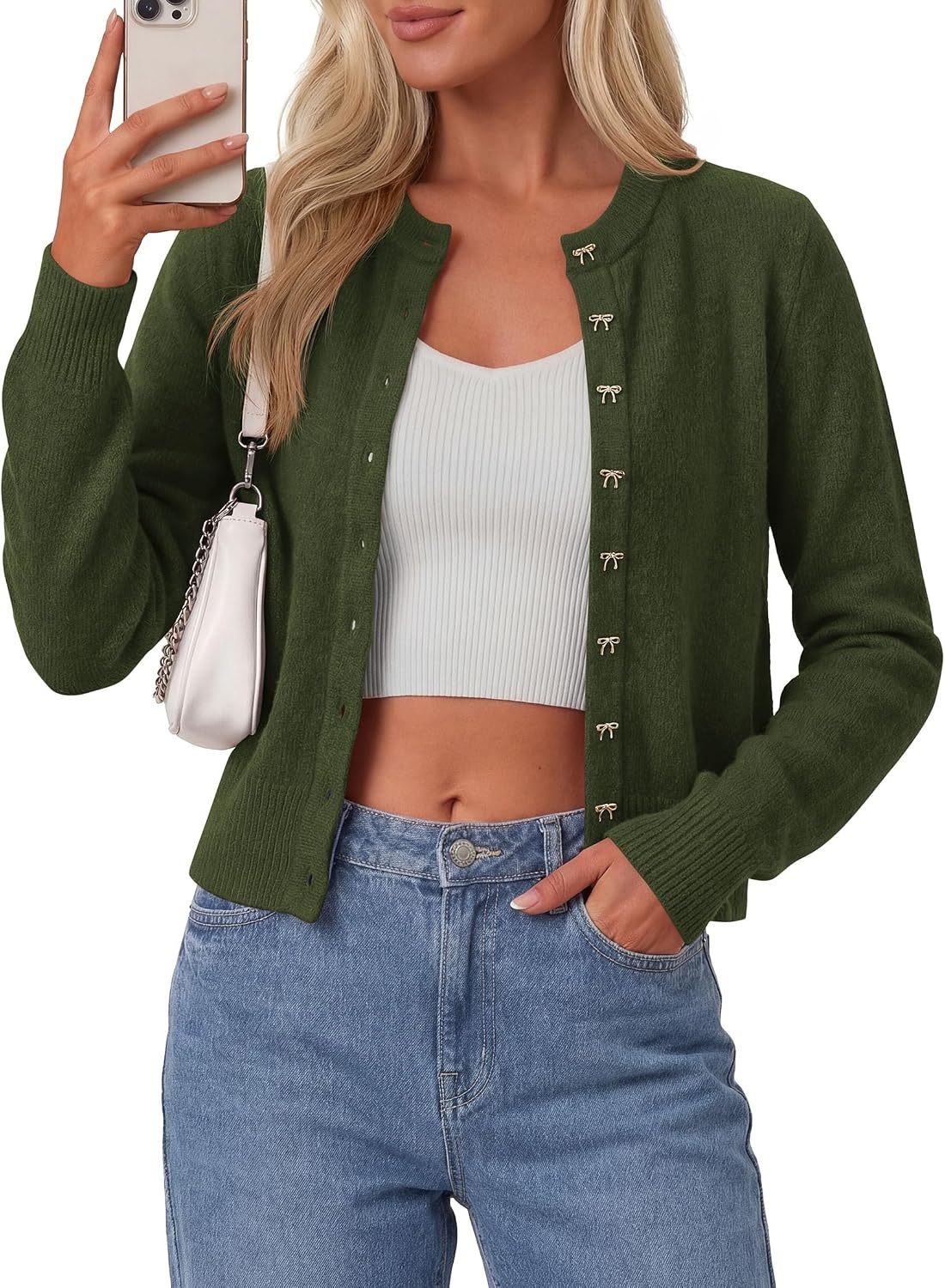 image:imagePRETTYGARDEN Womens Cropped Button Up Knit Cardigan Sweater Cute Crewneck Long Sleeve Lightweight Tops 2026 Fall Trendy Slim Fit Soft Cozy Casual Cardigans Holiday Party SweatersArmy Green