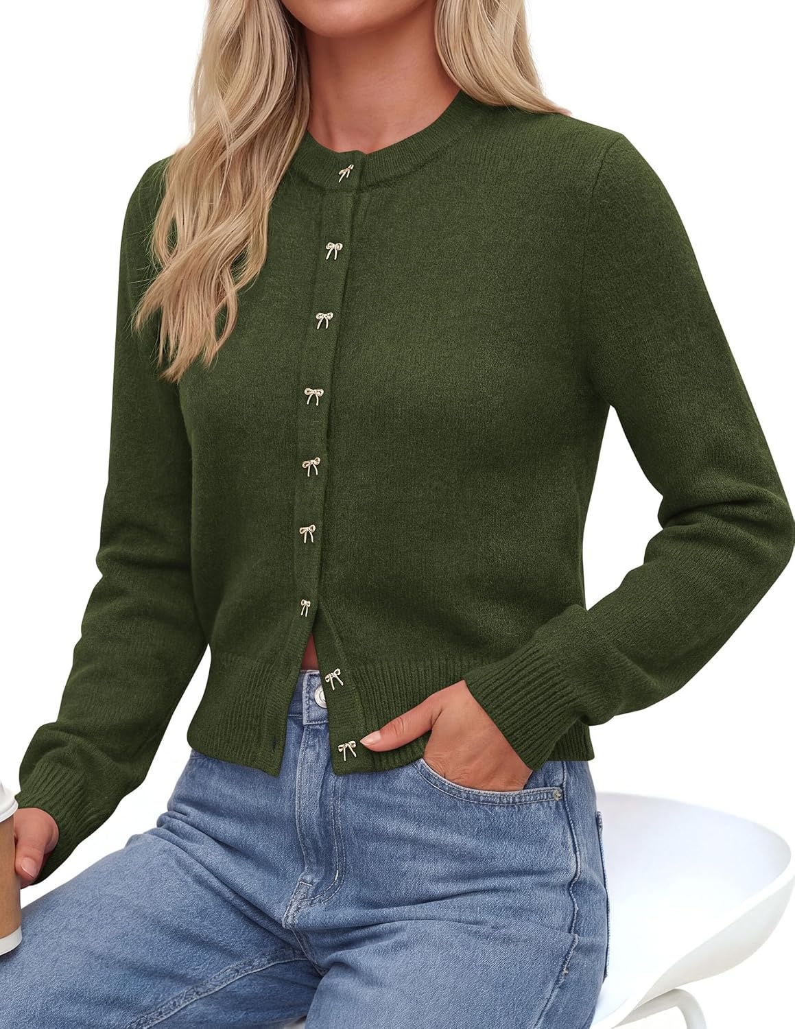 image:imagePRETTYGARDEN Womens Cropped Button Up Knit Cardigan Sweater Cute Crewneck Long Sleeve Lightweight Tops 2026 Fall Trendy Slim Fit Soft Cozy Casual Cardigans Holiday Party SweatersArmy Green