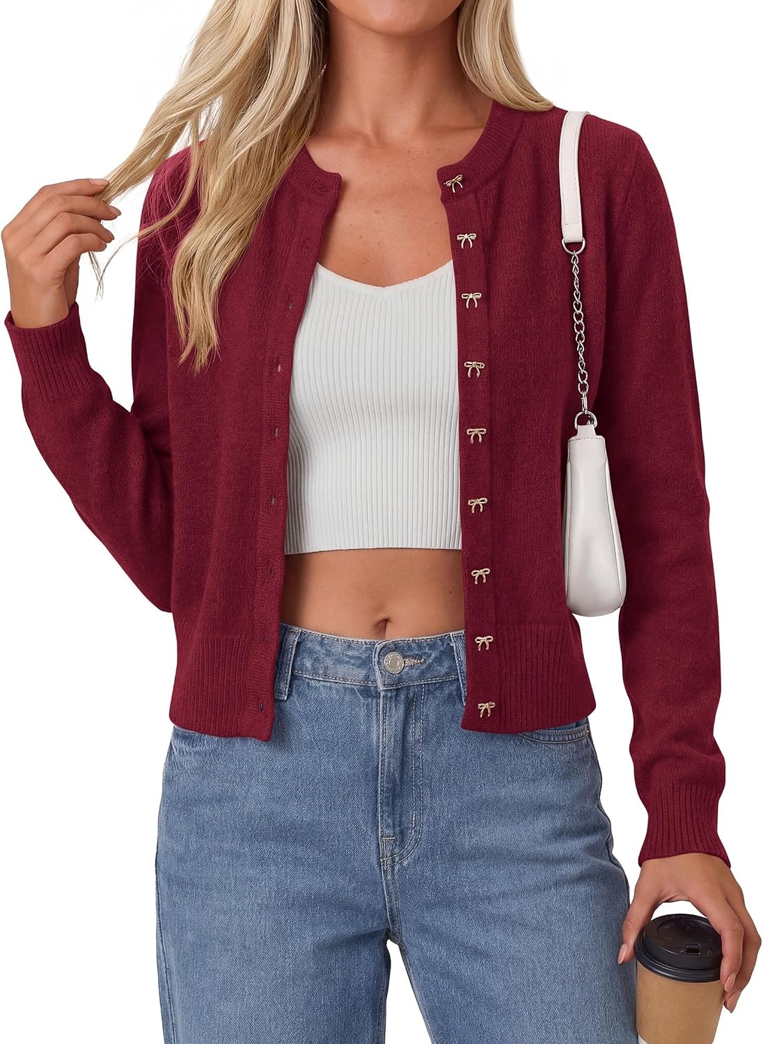 image:imagePRETTYGARDEN Womens Cropped Button Up Knit Cardigan Sweater Cute Crewneck Long Sleeve Lightweight Tops 2026 Fall Trendy Slim Fit Soft Cozy Casual Cardigans Holiday Party SweatersBurgundy
