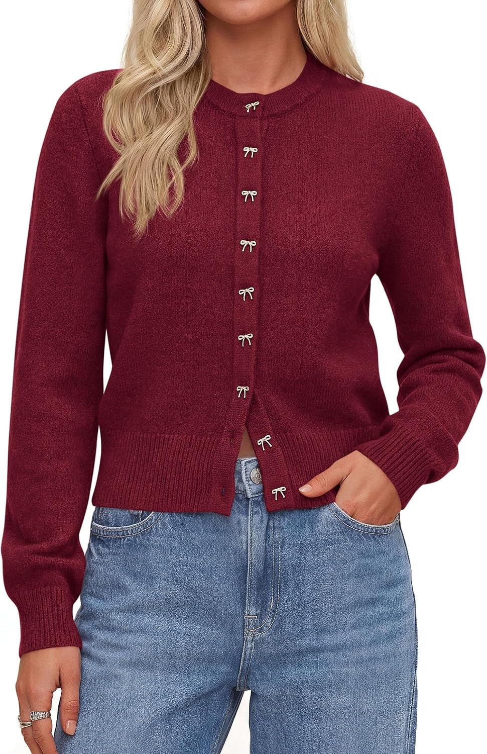 image:imagePRETTYGARDEN Womens Cropped Button Up Knit Cardigan Sweater Cute Crewneck Long Sleeve Lightweight Tops 2026 Fall Trendy Slim Fit Soft Cozy Casual Cardigans Holiday Party SweatersBurgundy