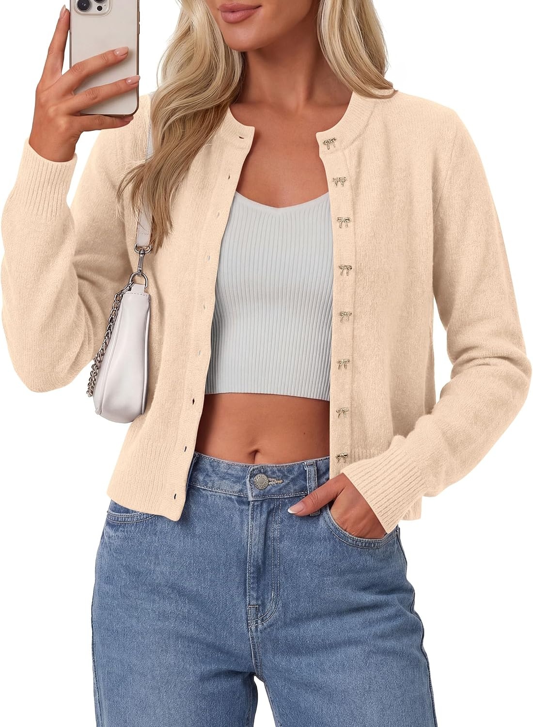 image:imagePRETTYGARDEN Womens Cropped Button Up Knit Cardigan Sweater Cute Crewneck Long Sleeve Lightweight Tops 2026 Fall Trendy Slim Fit Soft Cozy Casual Cardigans Holiday Party SweatersBeige