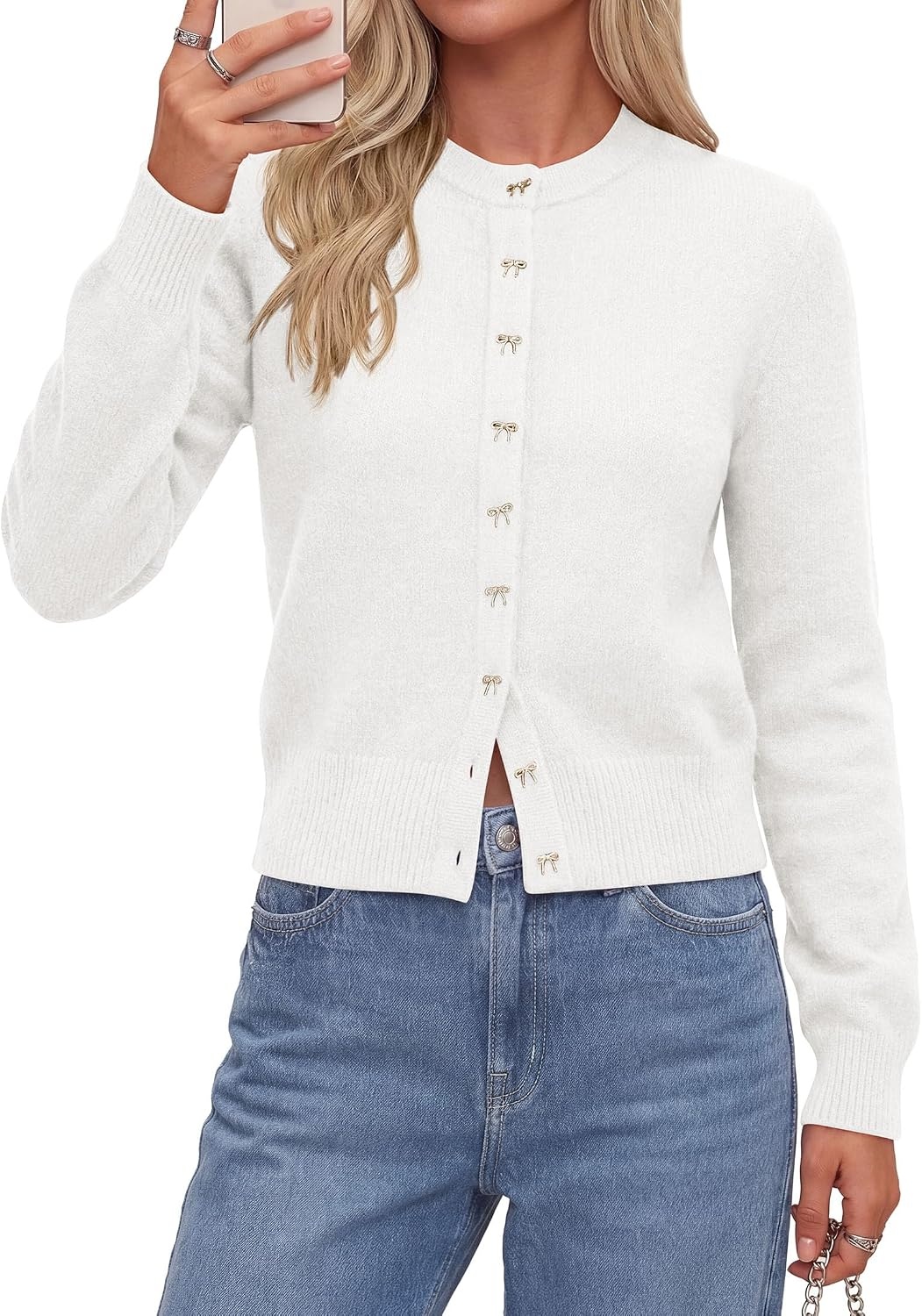 image:imagePRETTYGARDEN Womens Cropped Button Up Knit Cardigan Sweater Cute Crewneck Long Sleeve Lightweight Tops 2026 Fall Trendy Slim Fit Soft Cozy Casual Cardigans Holiday Party SweatersWhite