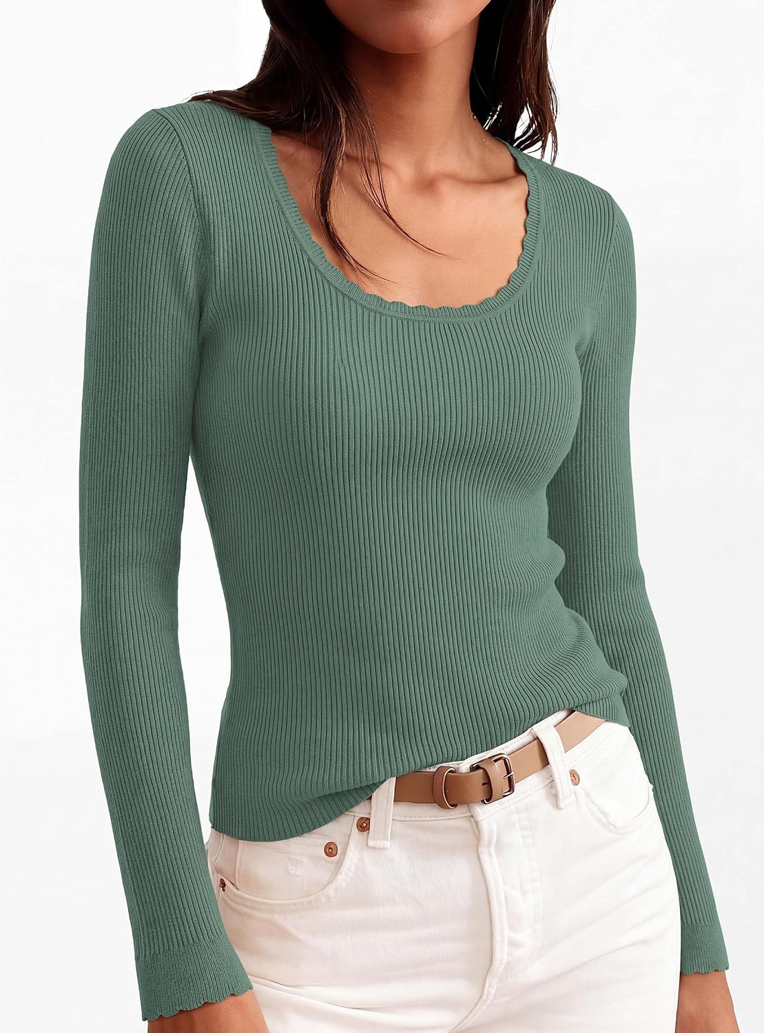 image:imagePRETTYGARDEN Womens Fall Lightweight Ribbed Knit Sweaters Stretchy Cozy KnitwearScalloped Scoop NeckLong Sleeve ShirtsSlim Fitted PulloverBasic Layering TopsCute Casual OutfitsSage Green