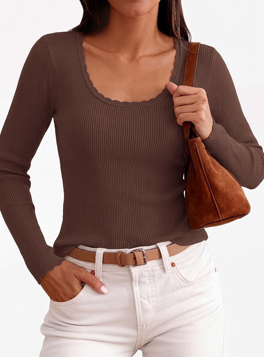 image:imagePRETTYGARDEN Womens Fall Lightweight Ribbed Knit Sweaters Stretchy Cozy KnitwearScalloped Scoop NeckLong Sleeve ShirtsSlim Fitted PulloverBasic Layering TopsCute Casual OutfitsBrown