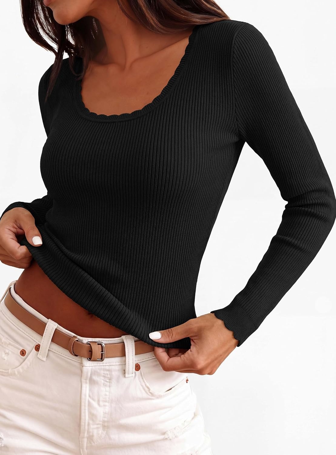 image:imagePRETTYGARDEN Womens Fall Lightweight Ribbed Knit Sweaters Stretchy Cozy KnitwearScalloped Scoop NeckLong Sleeve ShirtsSlim Fitted PulloverBasic Layering TopsCute Casual OutfitsBlack