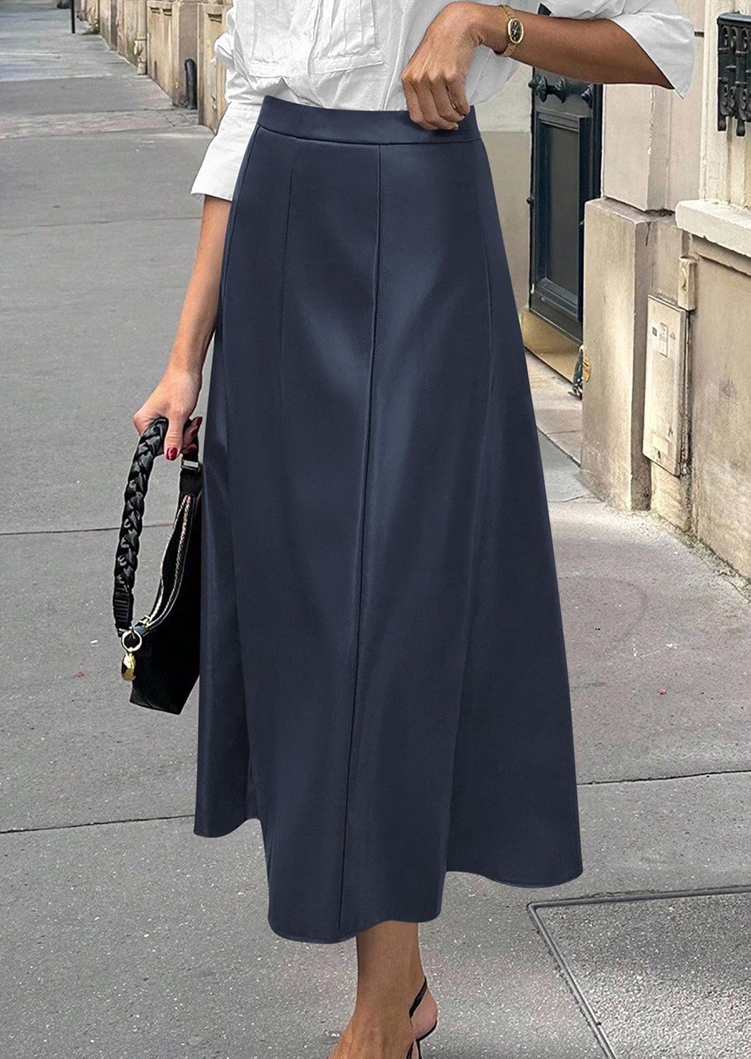 image:imagePRETTYGARDEN Womens Faux Leather High Waisted Midi Skirt Flowy A Line Pleated Skirts Elegant Swing Flared Work Business Casual Outfits Fall Winter Fashion ClothesNavy
