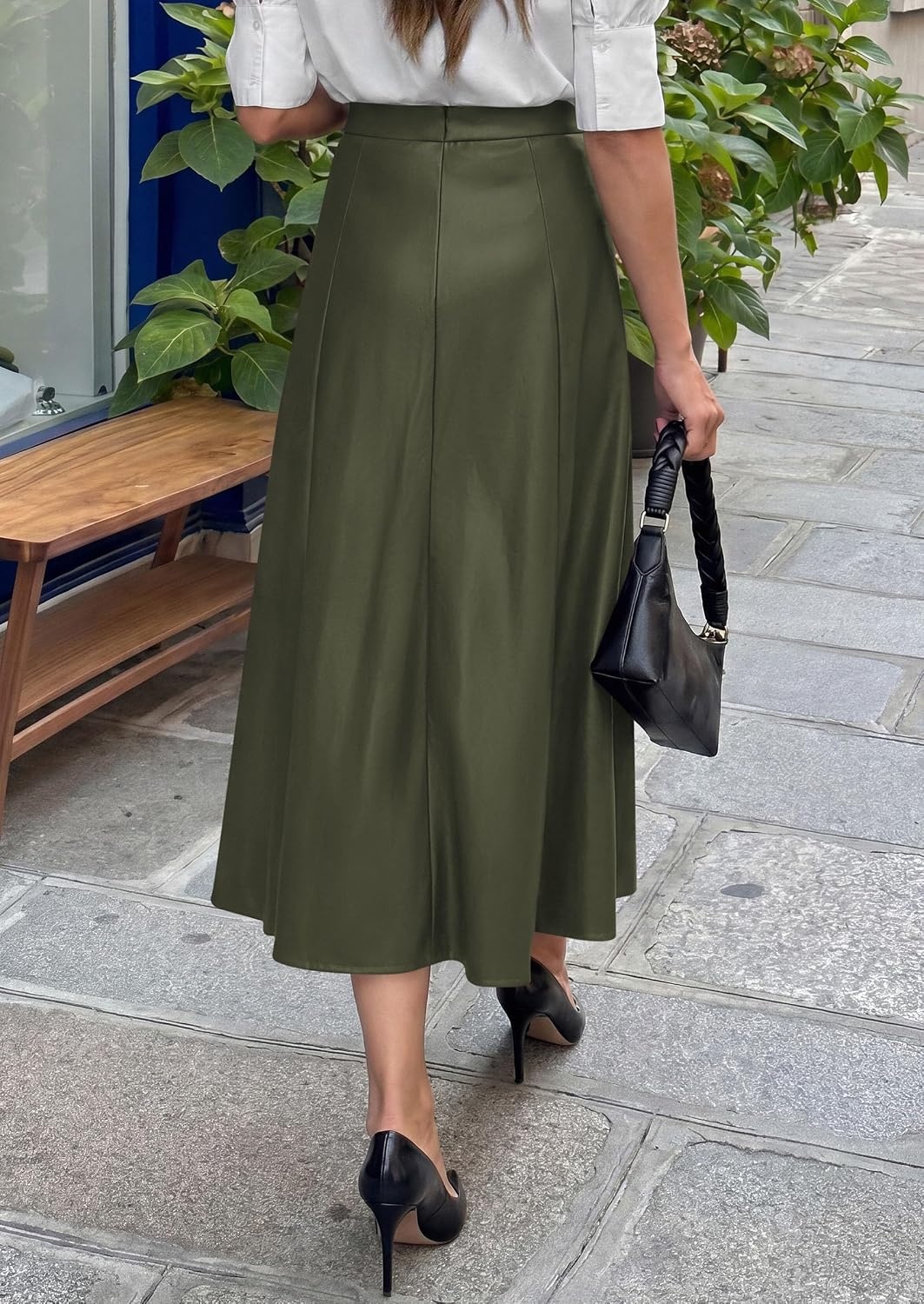 image:imagePRETTYGARDEN Womens Faux Leather High Waisted Midi Skirt Flowy A Line Pleated Skirts Elegant Swing Flared Work Business Casual Outfits Fall Winter Fashion ClothesArmy Green