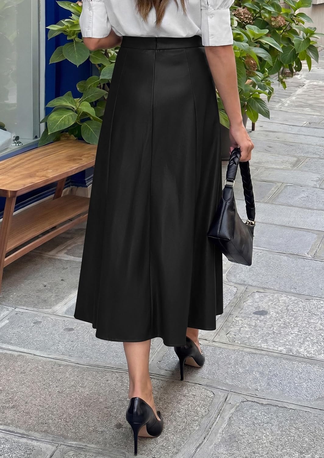 image:imagePRETTYGARDEN Womens Faux Leather High Waisted Midi Skirt Flowy A Line Pleated Skirts Elegant Swing Flared Work Business Casual Outfits Fall Winter Fashion ClothesBlack