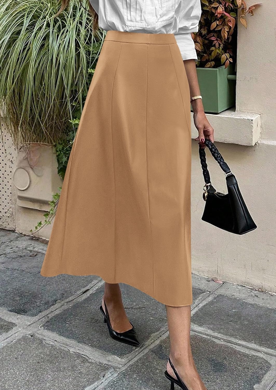 image:imagePRETTYGARDEN Womens Faux Leather High Waisted Midi Skirt Flowy A Line Pleated Skirts Elegant Swing Flared Work Business Casual Outfits Fall Winter Fashion ClothesKhaki