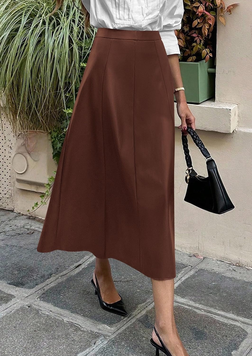 image:imagePRETTYGARDEN Womens Faux Leather High Waisted Midi Skirt Flowy A Line Pleated Skirts Elegant Swing Flared Work Business Casual Outfits Fall Winter Fashion ClothesCoffee