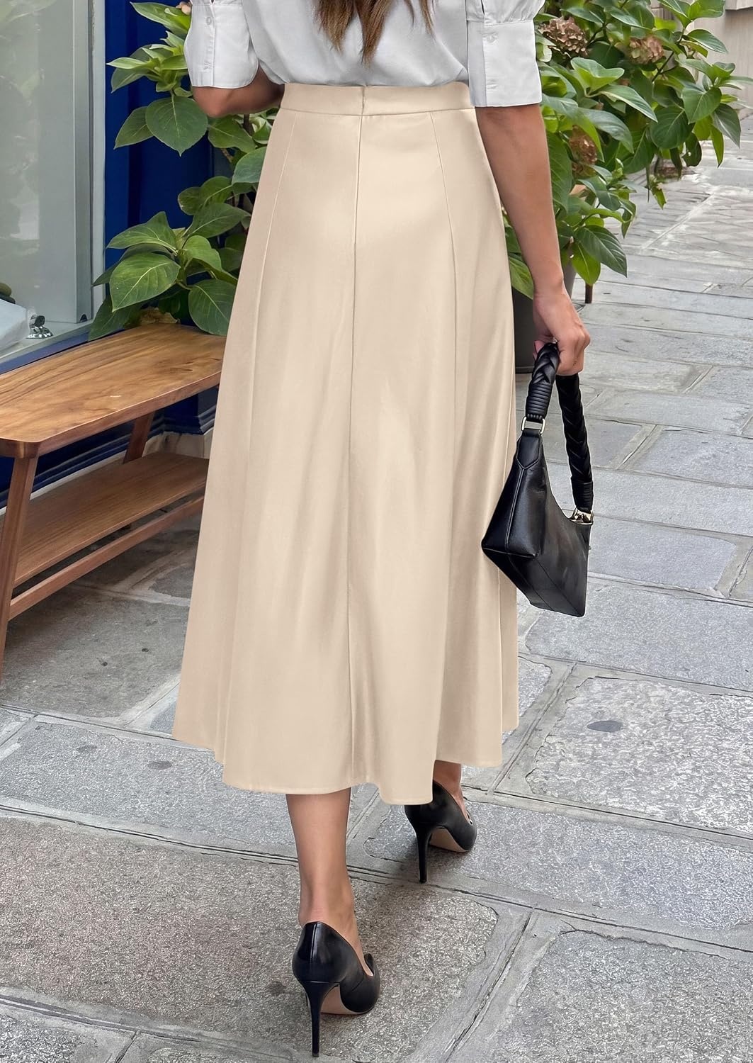 image:imagePRETTYGARDEN Womens Faux Leather High Waisted Midi Skirt Flowy A Line Pleated Skirts Elegant Swing Flared Work Business Casual Outfits Fall Winter Fashion ClothesBeige