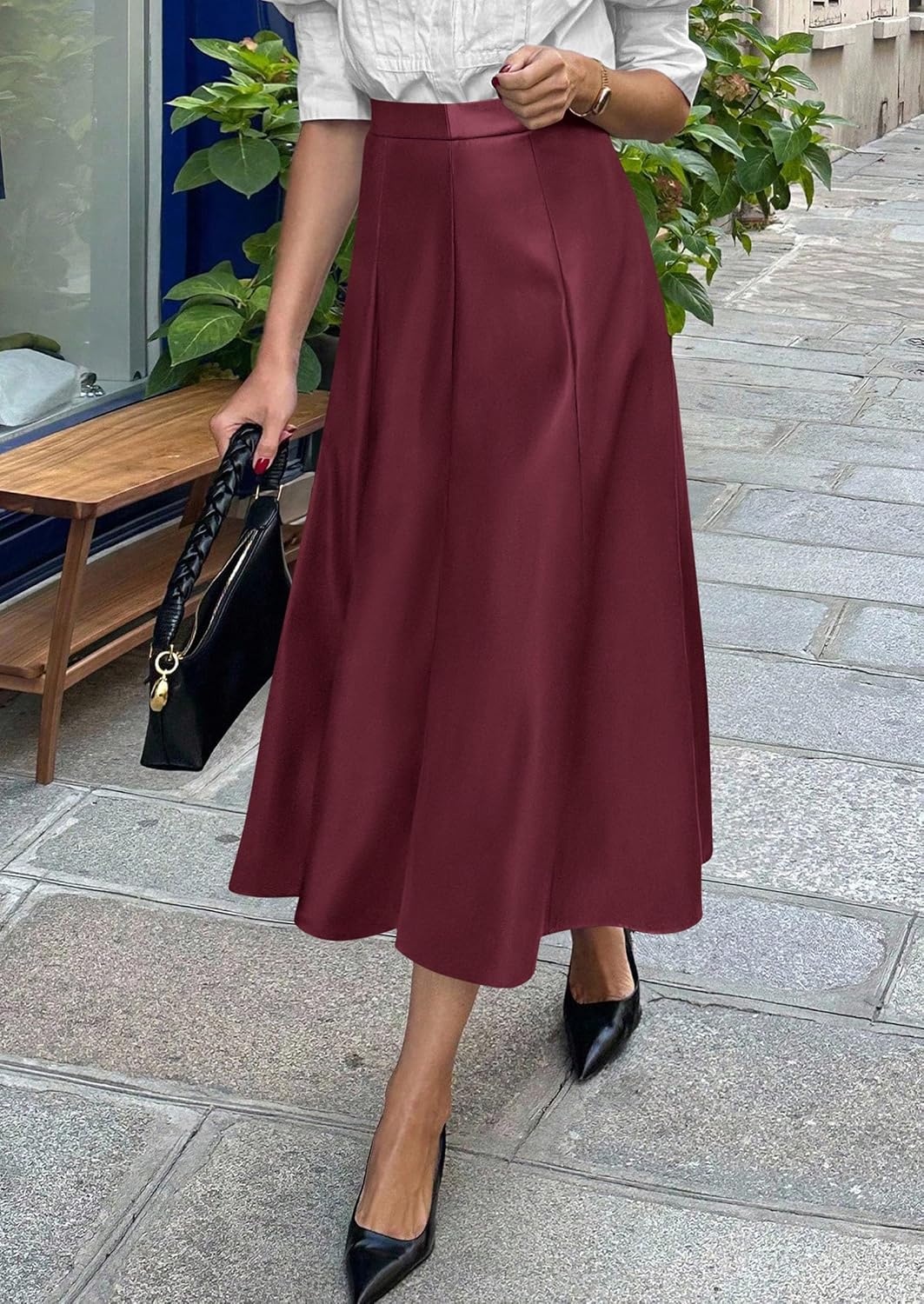 image:imagePRETTYGARDEN Womens Faux Leather High Waisted Midi Skirt Flowy A Line Pleated Skirts Elegant Swing Flared Work Business Casual Outfits Fall Winter Fashion ClothesWine Red