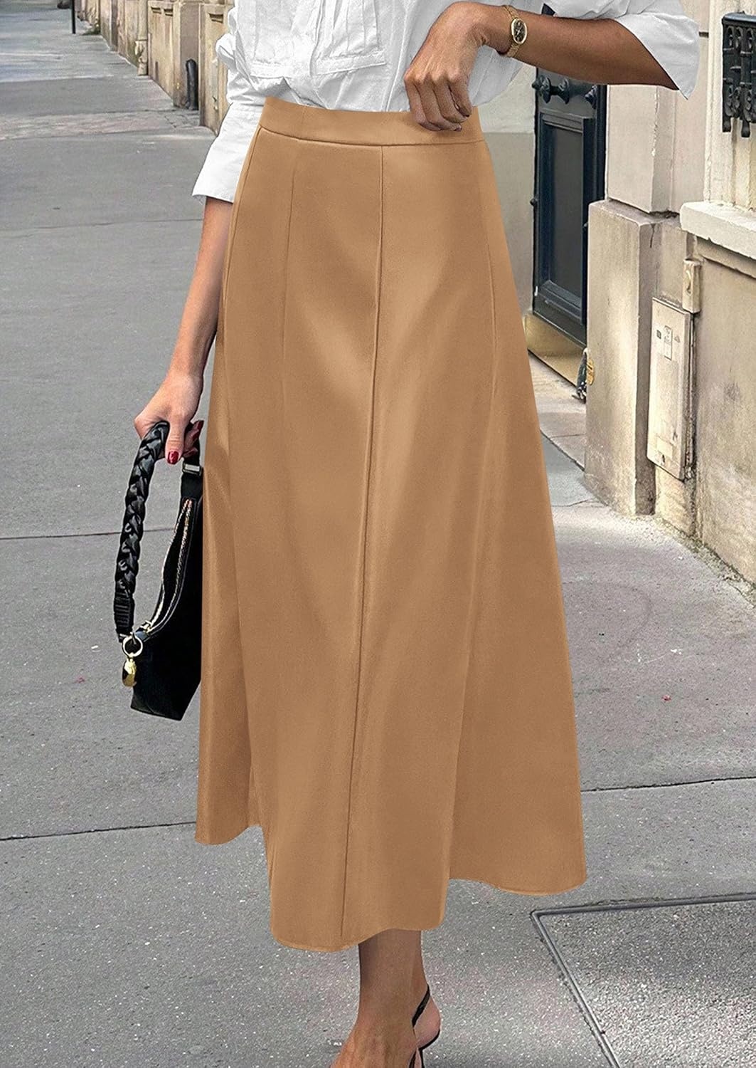 image:imagePRETTYGARDEN Womens Faux Leather High Waisted Midi Skirt Flowy A Line Pleated Skirts Elegant Swing Flared Work Business Casual Outfits Fall Winter Fashion ClothesKhaki