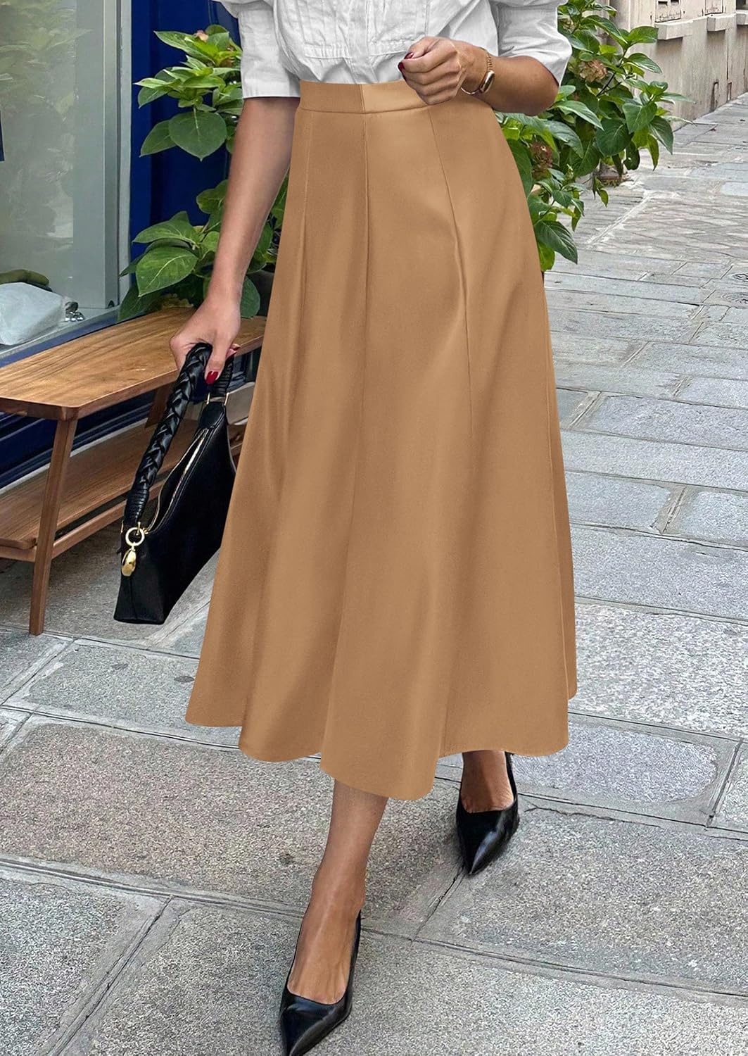image:imagePRETTYGARDEN Womens Faux Leather High Waisted Midi Skirt Flowy A Line Pleated Skirts Elegant Swing Flared Work Business Casual Outfits Fall Winter Fashion ClothesKhaki