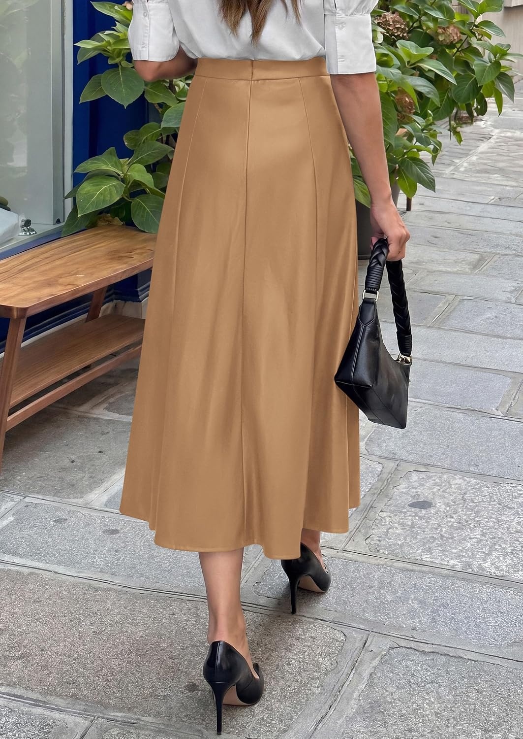 image:imagePRETTYGARDEN Womens Faux Leather High Waisted Midi Skirt Flowy A Line Pleated Skirts Elegant Swing Flared Work Business Casual Outfits Fall Winter Fashion ClothesKhaki