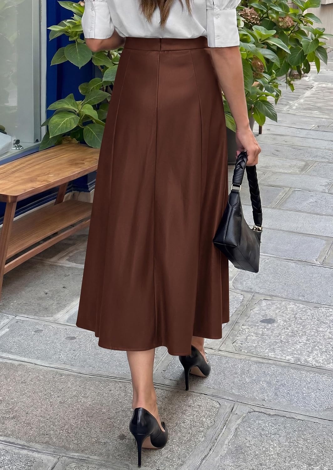 image:imagePRETTYGARDEN Womens Faux Leather High Waisted Midi Skirt Flowy A Line Pleated Skirts Elegant Swing Flared Work Business Casual Outfits Fall Winter Fashion ClothesCoffee