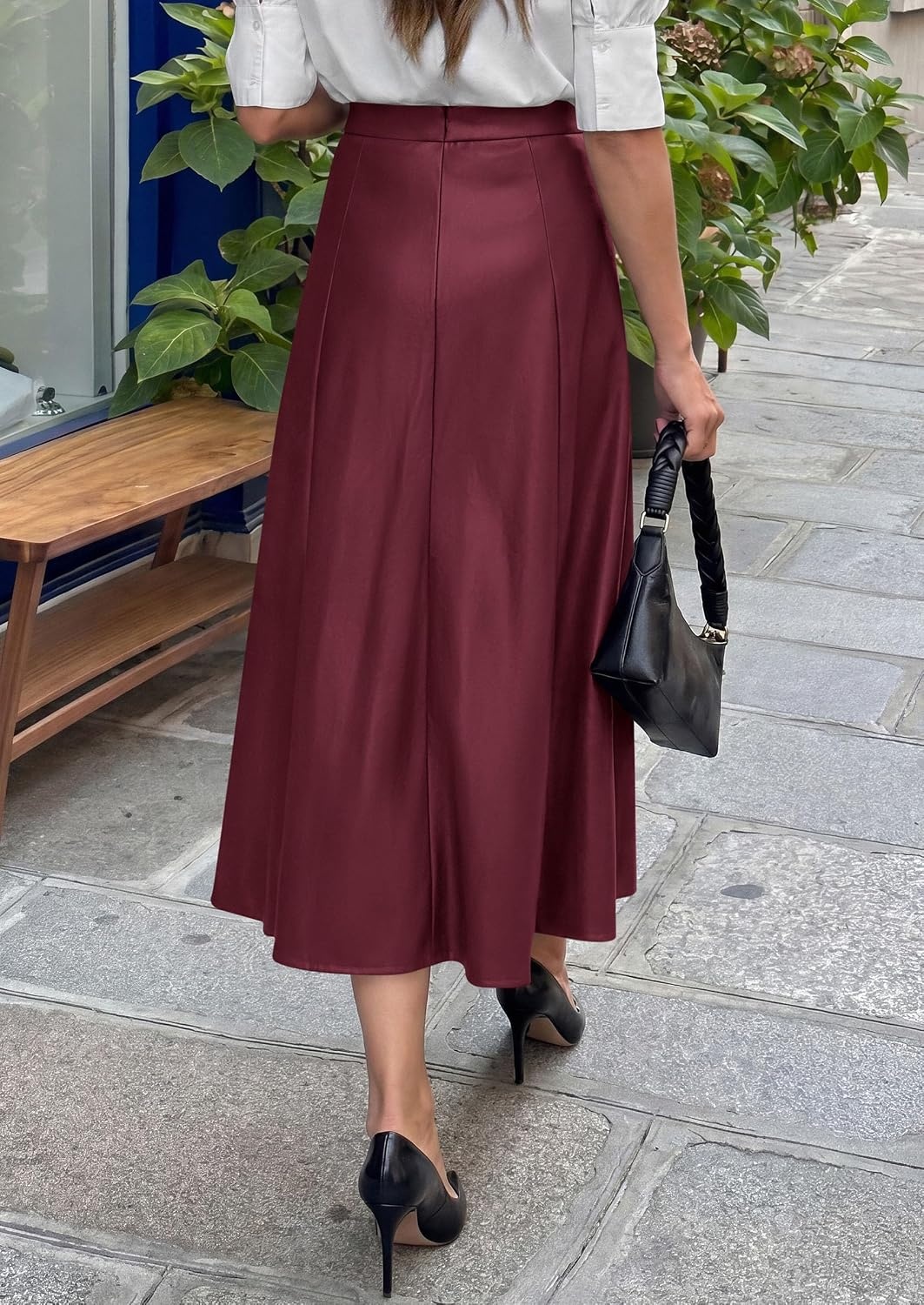 image:imagePRETTYGARDEN Womens Faux Leather High Waisted Midi Skirt Flowy A Line Pleated Skirts Elegant Swing Flared Work Business Casual Outfits Fall Winter Fashion ClothesWine Red