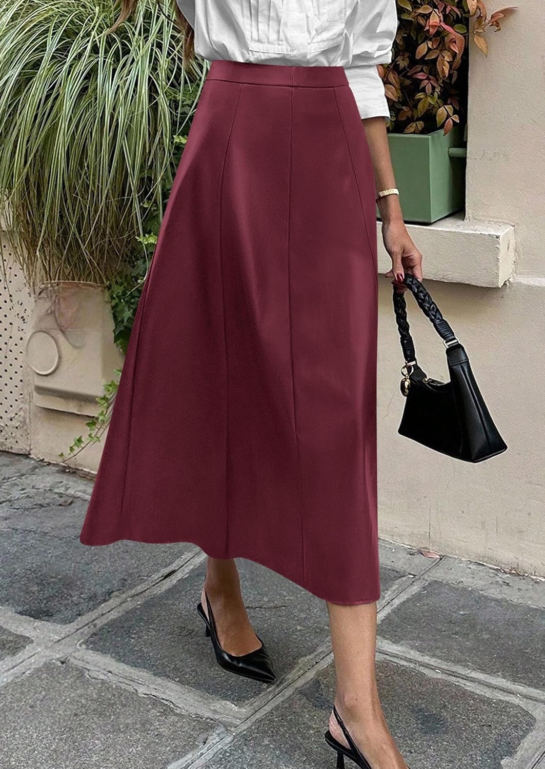 image:imagePRETTYGARDEN Womens Faux Leather High Waisted Midi Skirt Flowy A Line Pleated Skirts Elegant Swing Flared Work Business Casual Outfits Fall Winter Fashion ClothesWine Red