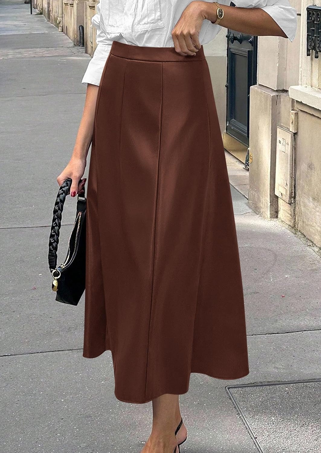 image:imagePRETTYGARDEN Womens Faux Leather High Waisted Midi Skirt Flowy A Line Pleated Skirts Elegant Swing Flared Work Business Casual Outfits Fall Winter Fashion ClothesCoffee