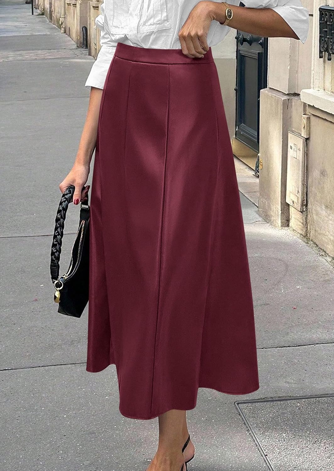 image:imagePRETTYGARDEN Womens Faux Leather High Waisted Midi Skirt Flowy A Line Pleated Skirts Elegant Swing Flared Work Business Casual Outfits Fall Winter Fashion ClothesWine Red
