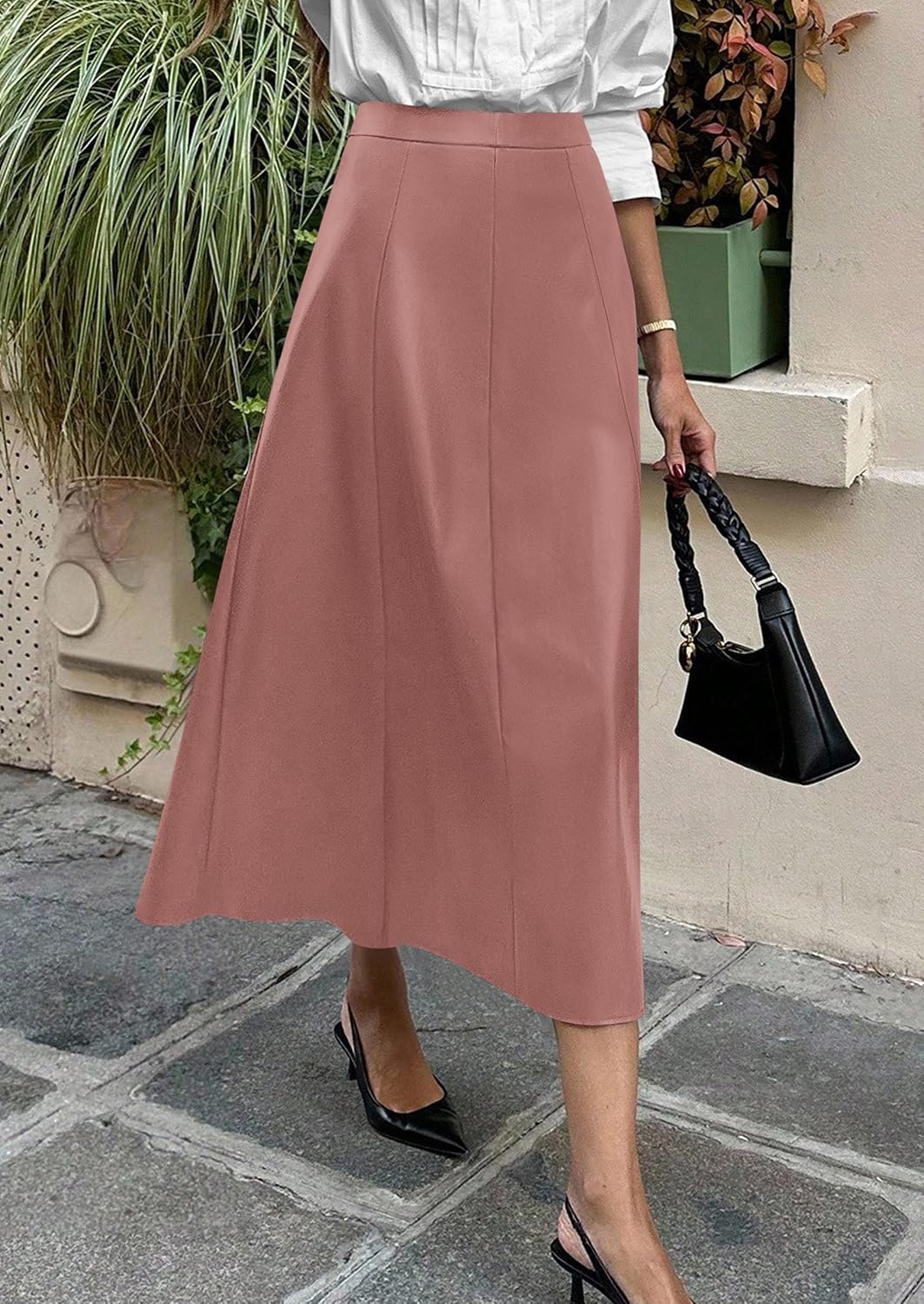image:imagePRETTYGARDEN Womens Faux Leather High Waisted Midi Skirt Flowy A Line Pleated Skirts Elegant Swing Flared Work Business Casual Outfits Fall Winter Fashion ClothesDusty Pink