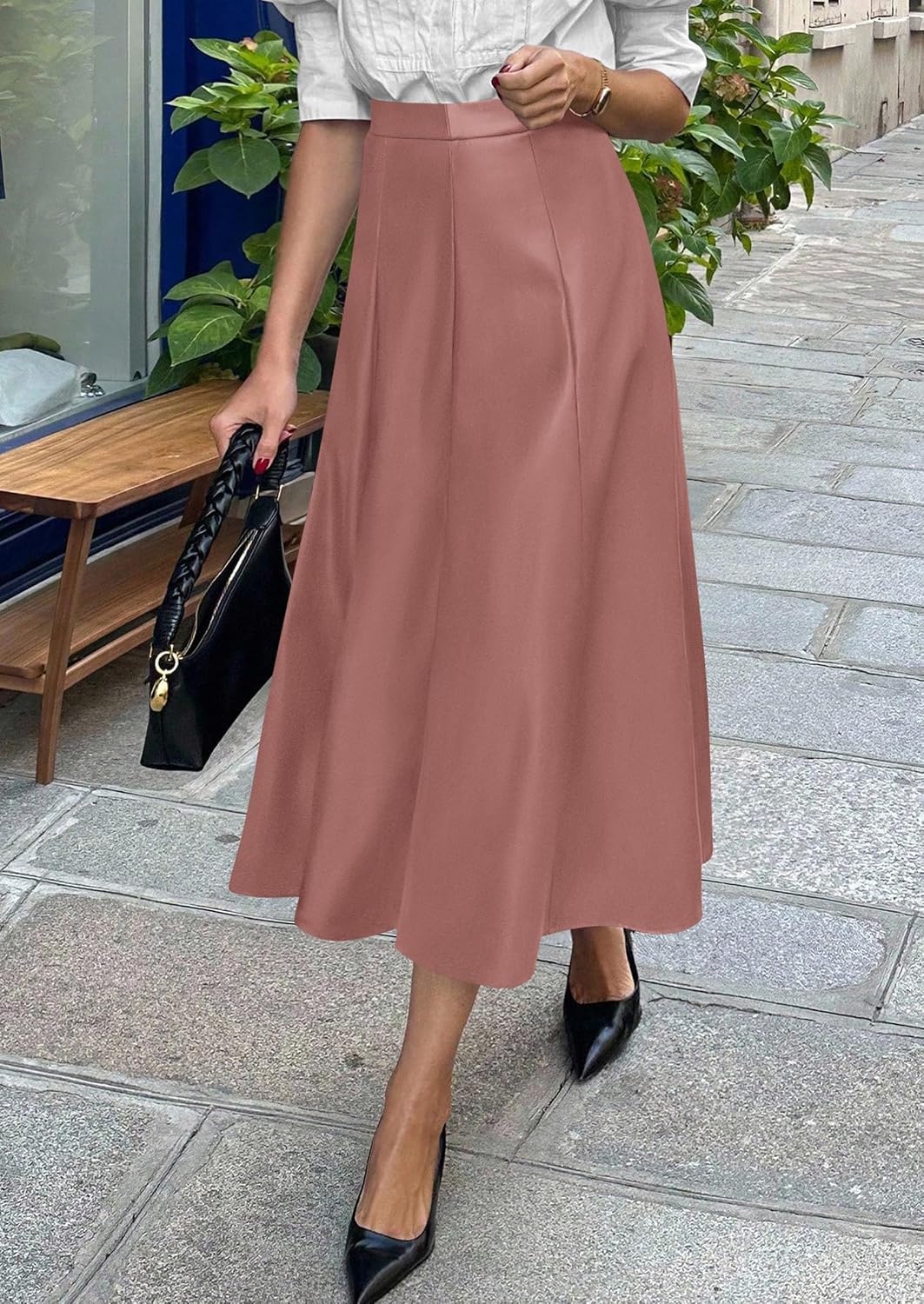 image:imagePRETTYGARDEN Womens Faux Leather High Waisted Midi Skirt Flowy A Line Pleated Skirts Elegant Swing Flared Work Business Casual Outfits Fall Winter Fashion ClothesDusty Pink