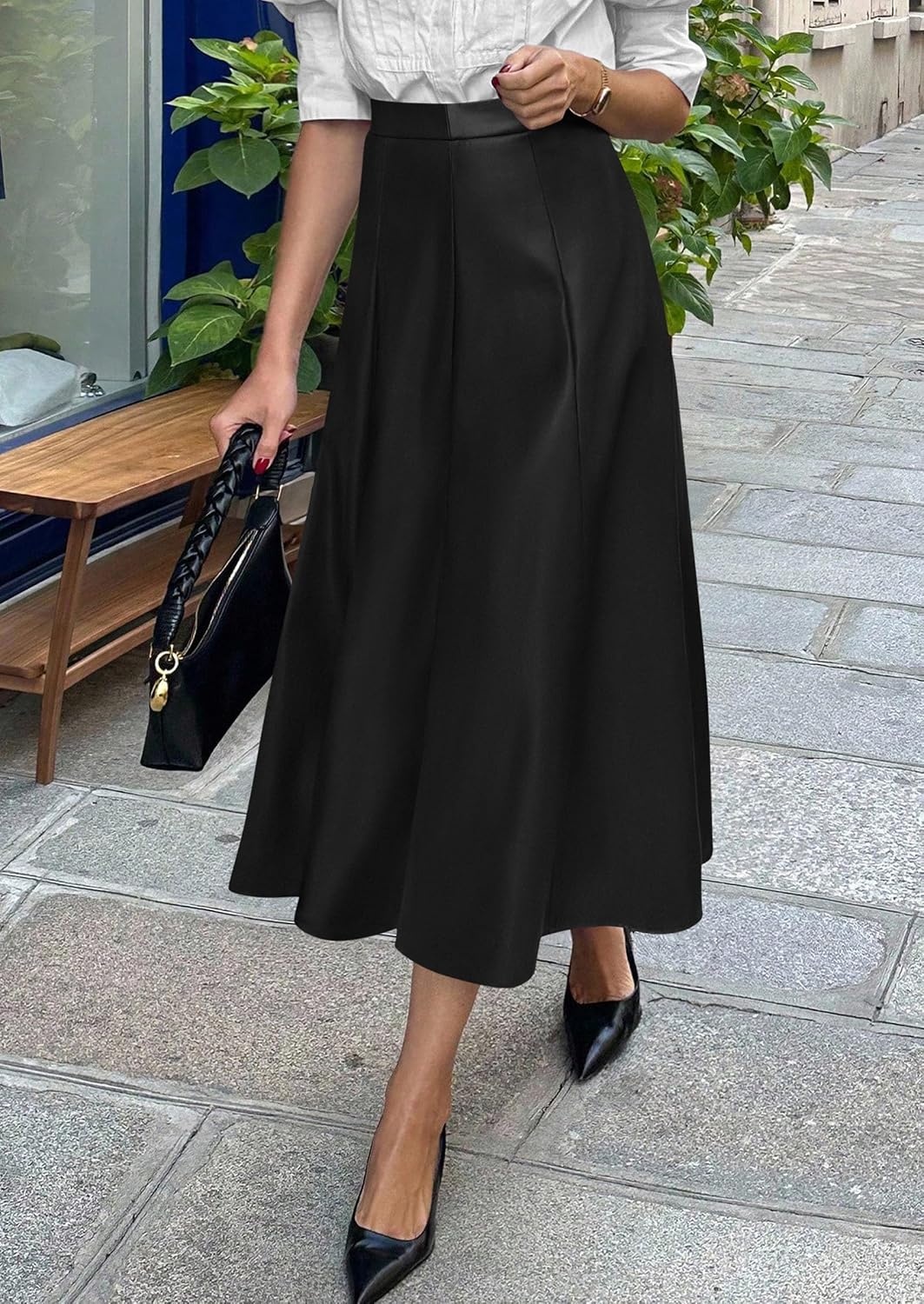 image:imagePRETTYGARDEN Womens Faux Leather High Waisted Midi Skirt Flowy A Line Pleated Skirts Elegant Swing Flared Work Business Casual Outfits Fall Winter Fashion ClothesBlack