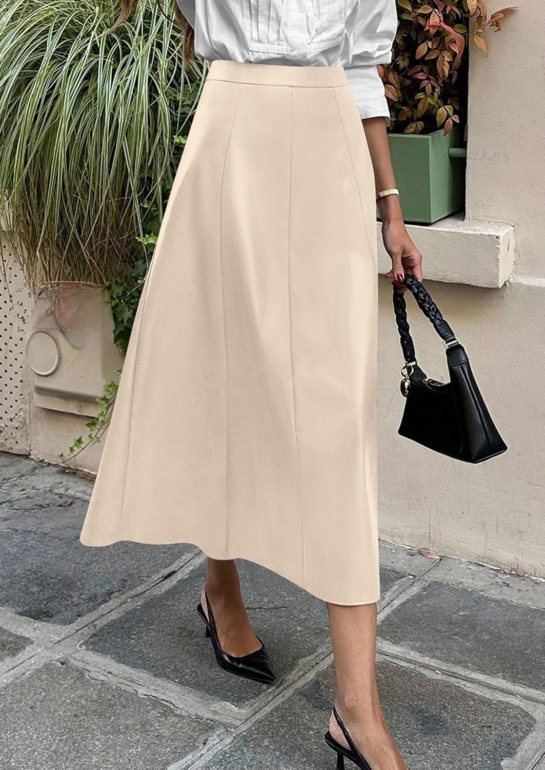 image:imagePRETTYGARDEN Womens Faux Leather High Waisted Midi Skirt Flowy A Line Pleated Skirts Elegant Swing Flared Work Business Casual Outfits Fall Winter Fashion ClothesBeige