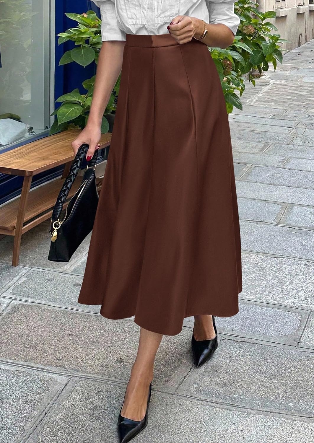 image:imagePRETTYGARDEN Womens Faux Leather High Waisted Midi Skirt Flowy A Line Pleated Skirts Elegant Swing Flared Work Business Casual Outfits Fall Winter Fashion ClothesCoffee